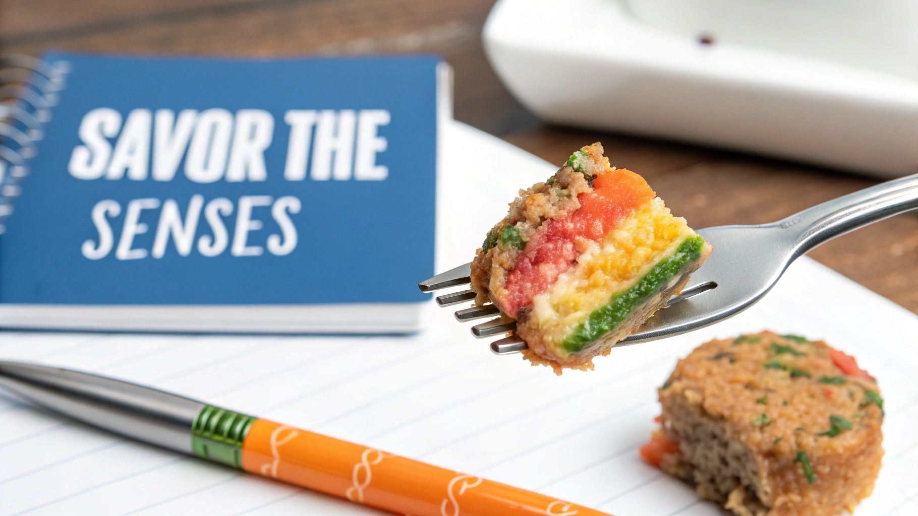 Close-up of a fork with a colorful layered dessert, next to a 'Savor the Senses' notebook.