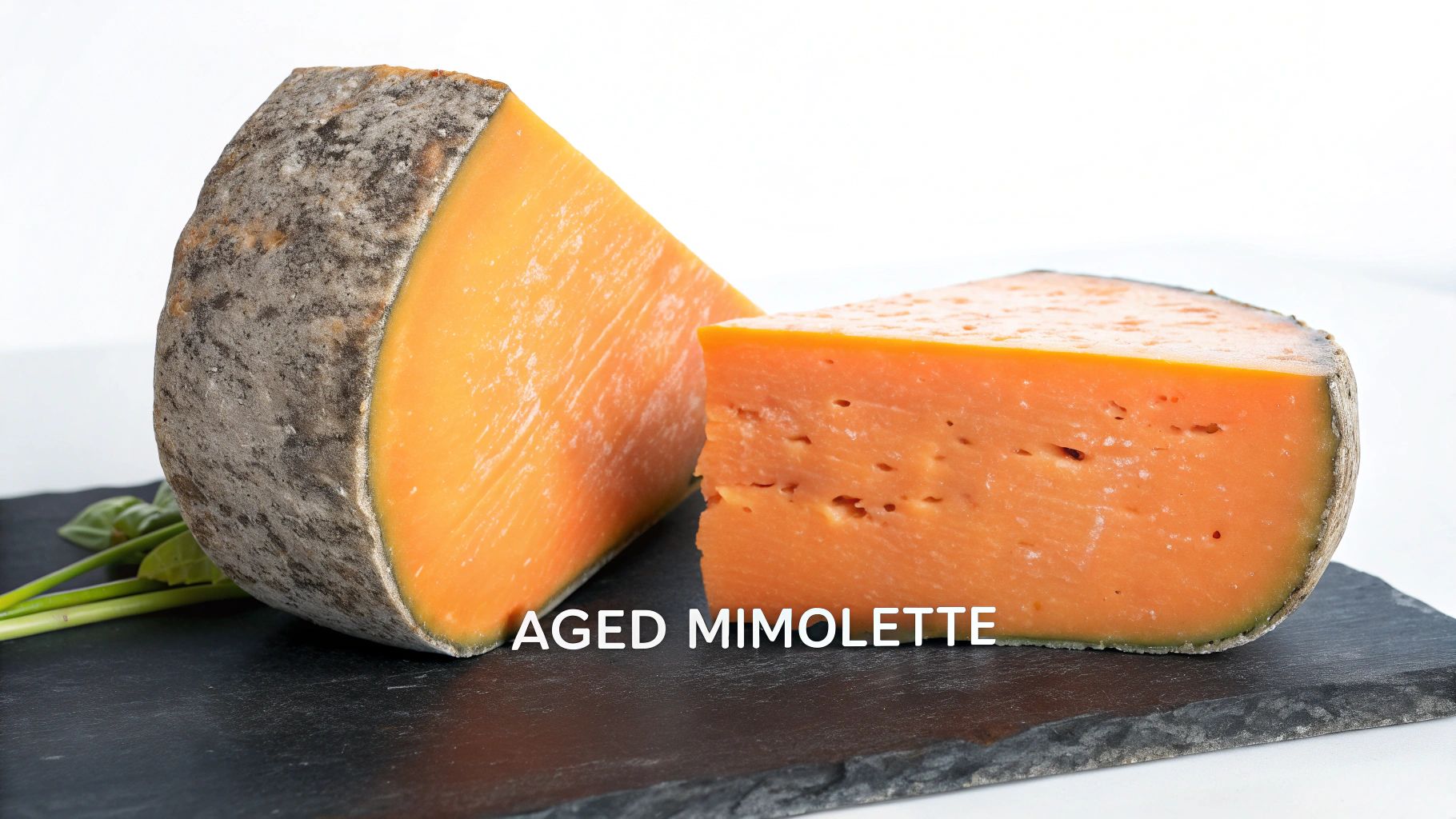Two wedges of vibrant orange aged Mimolette with a grey rind, on a dark slate board.