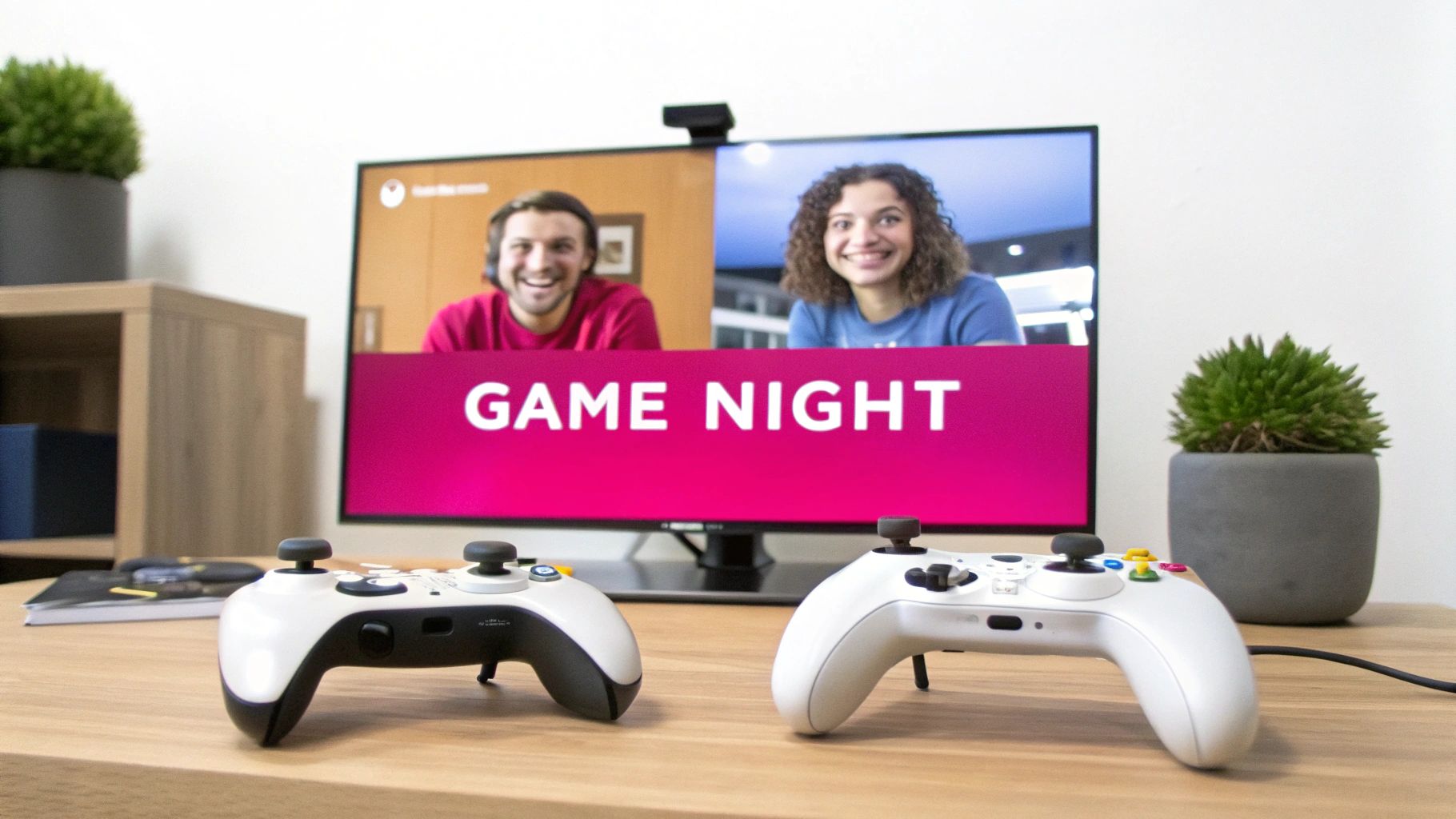 Smiling people on video call, playing games remotely with two white controllers.