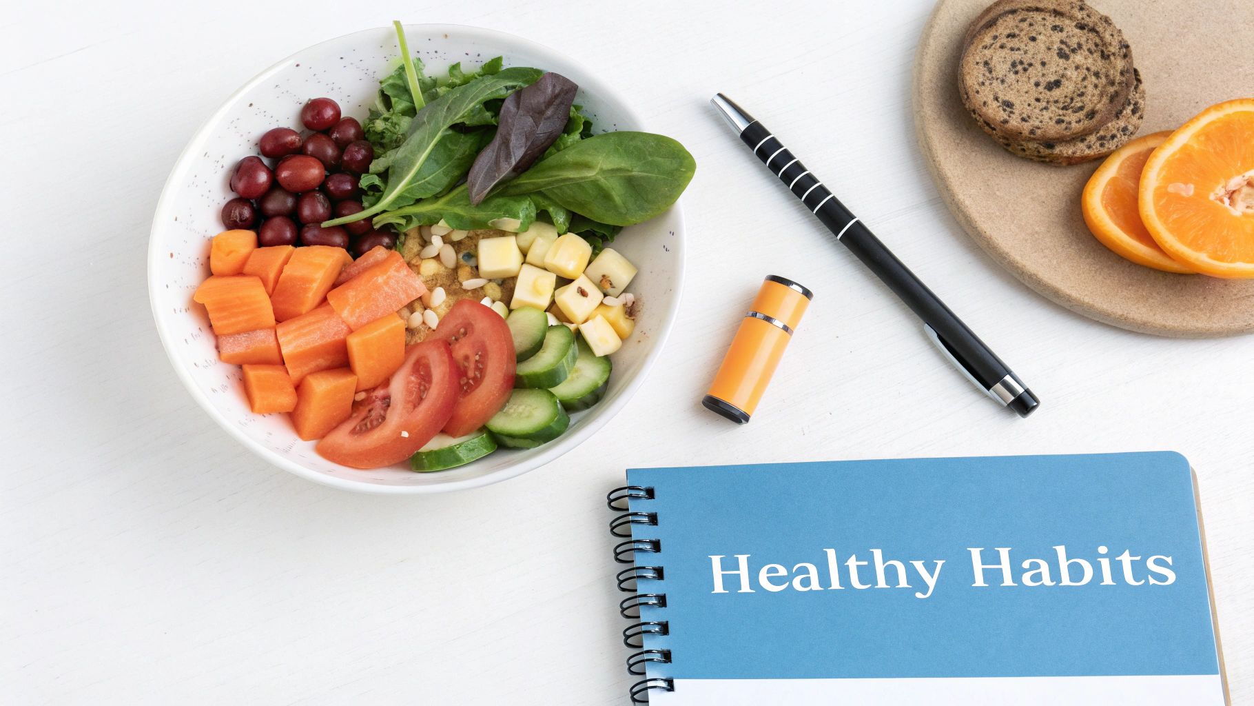 A vibrant bowl of salad with grapes, carrots, tomatoes, and cheese next to a 'Healthy Habits' notebook.