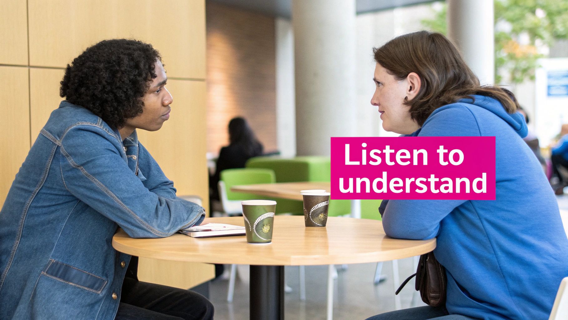 Two people sit at a table, attentively engaged in conversation, highlighting active listening.