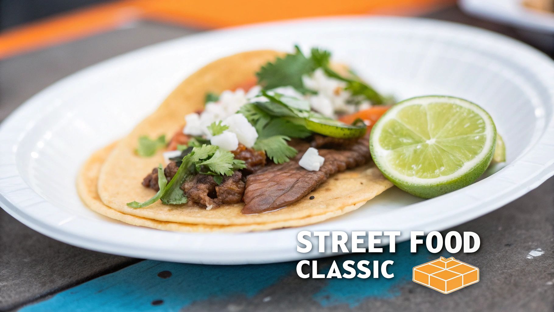 Close-up of two delicious street food tacos on a plate with grilled meat, cilantro, and a lime wedge.
