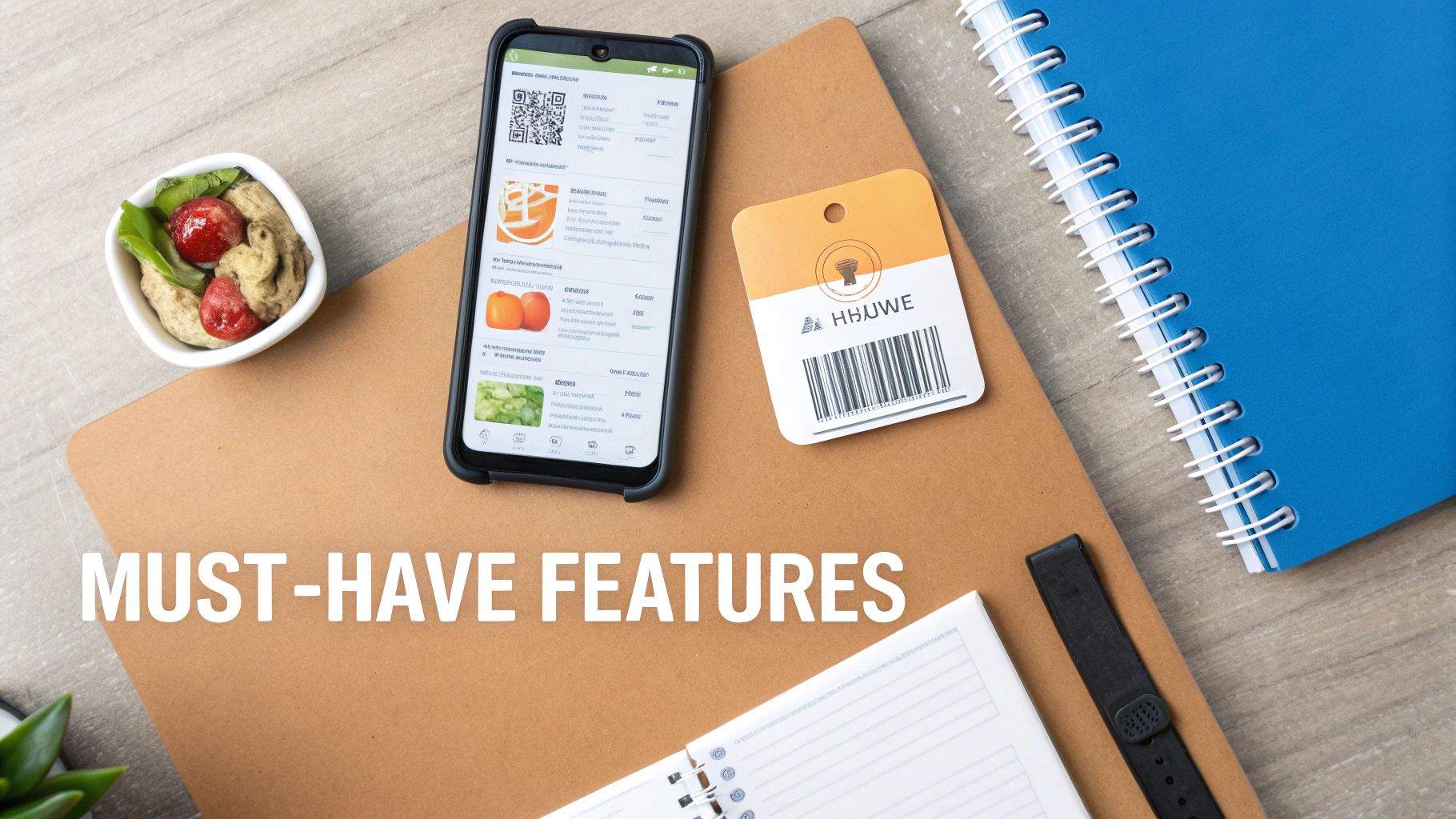A flat lay shows a smartphone with a food tracking app, notebooks, and a small bowl of fruit, emphasizing 'must-have features'.