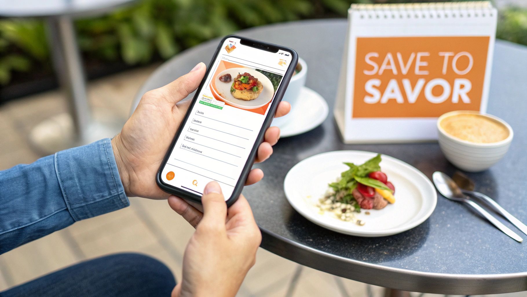 A person holds a smartphone displaying a food app, with a plate of food and a 'SAVE TO SAVOR' sign on a table.