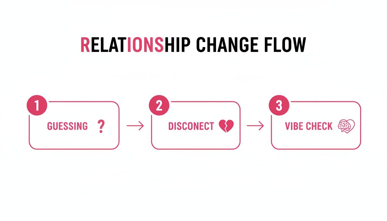 A flow chart illustrating the three steps of relationship change: guessing, disconnect, and vibe check.