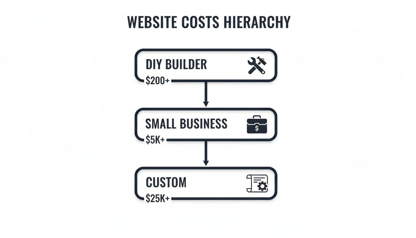 How much should a website cost in Australia in 2026? 1 Hierarchy diagram showing website development costs: DIY Builder ($200+), Small Business ($5K+), and Custom ($25K+).