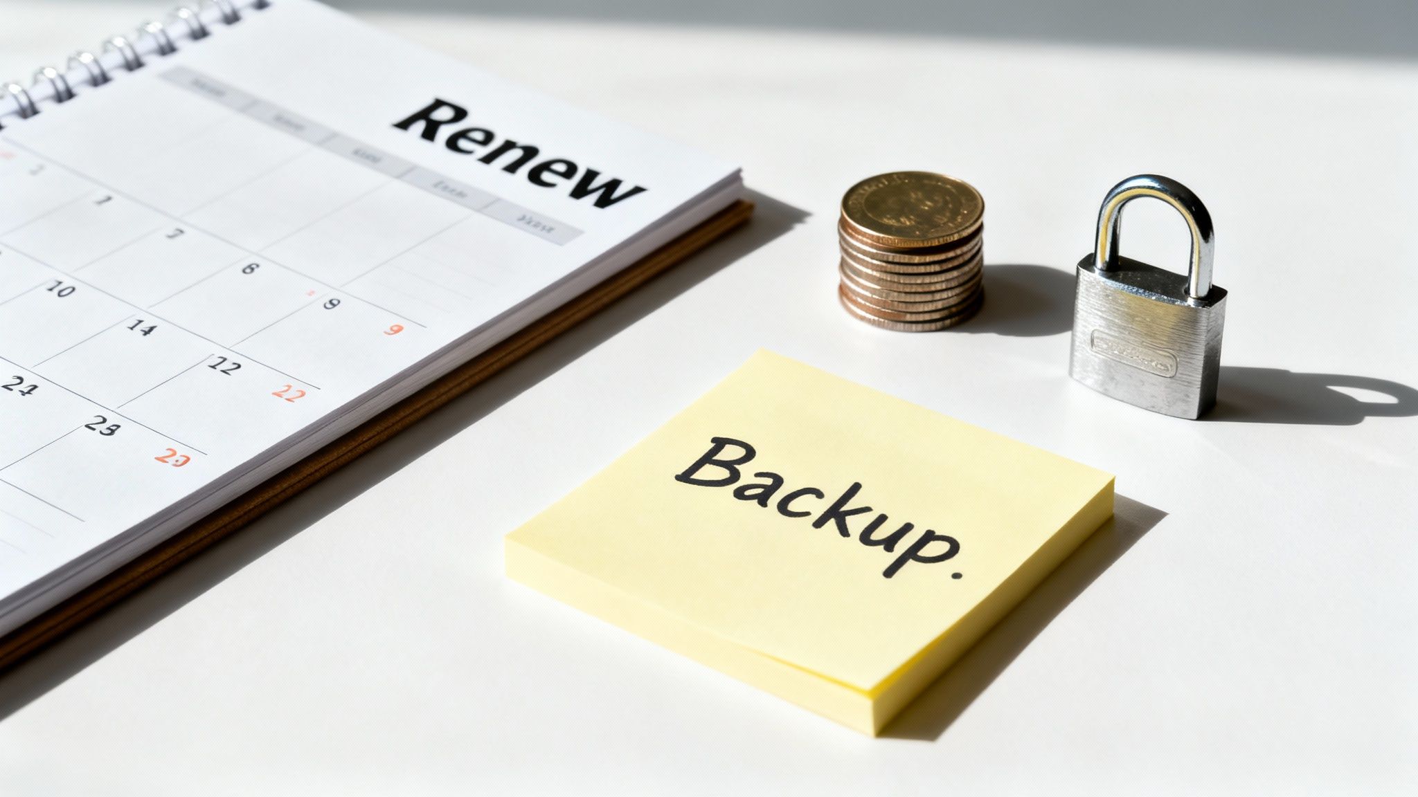 How much should a website cost in Australia in 2026? 2 A calendar showing 'Renew', a sticky note with 'Backup', coins, and a padlock on a white table.
