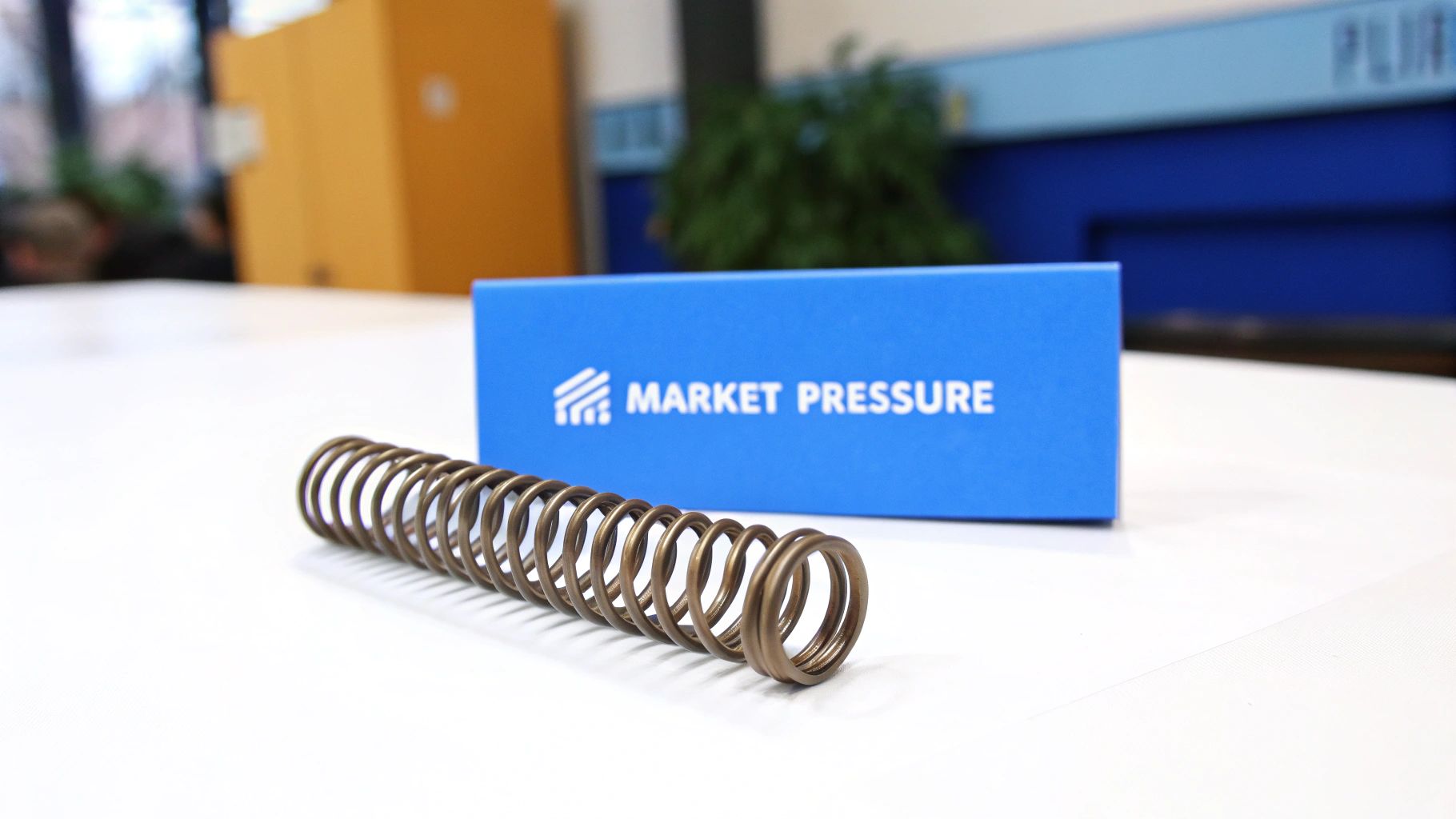 A long bronze metal spring lies on a white desk in front of a blue 'Market Pressure' sign.