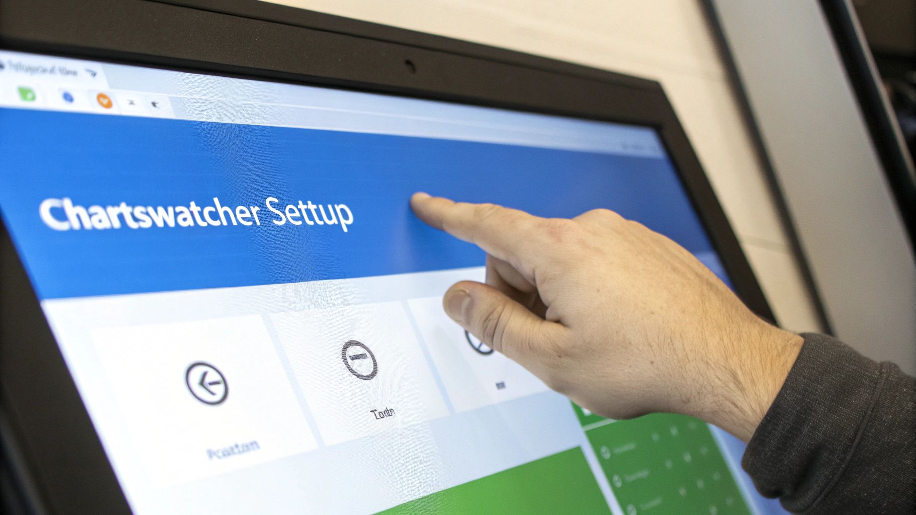 Person touching interactive touchscreen display during Chartswatcher trading software setup process