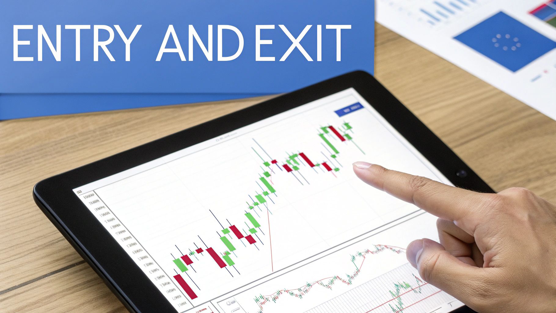 A hand pointing at a financial candlestick chart on a tablet, with 'ENTRY AND EXIT' text in the background.