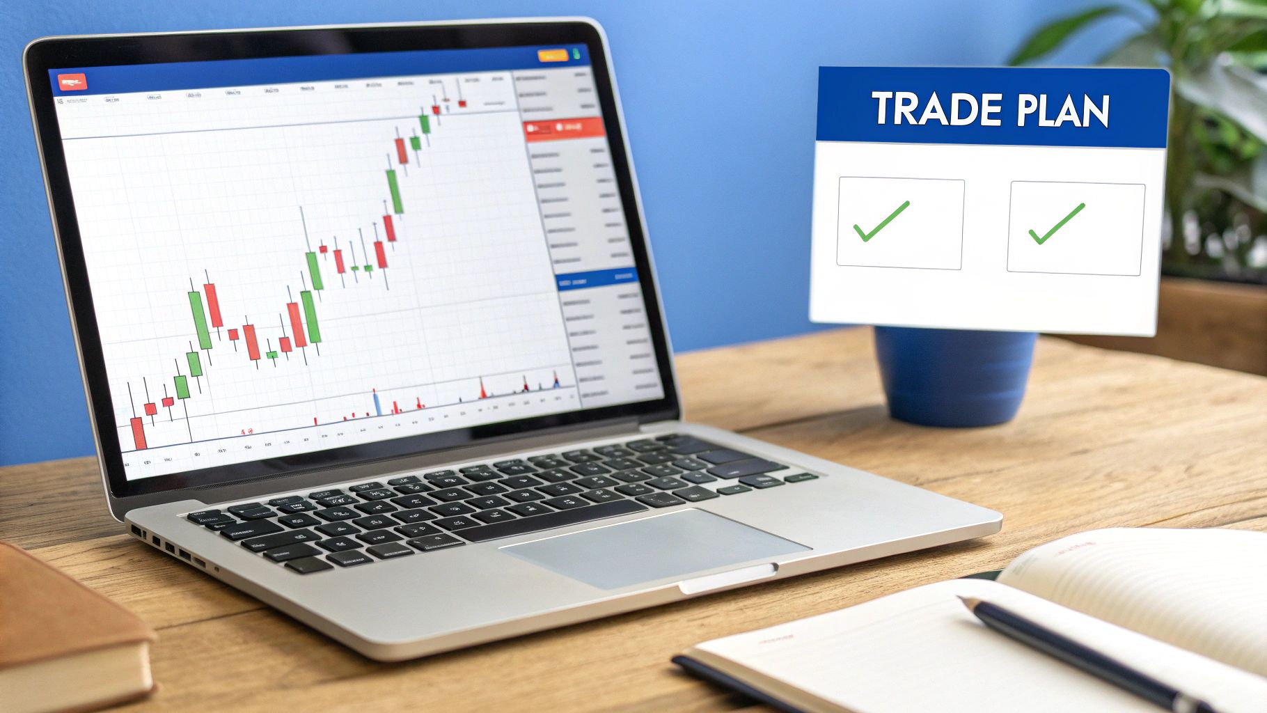 A laptop displays a financial trading chart with a 'TRADE PLAN' sign and notes.