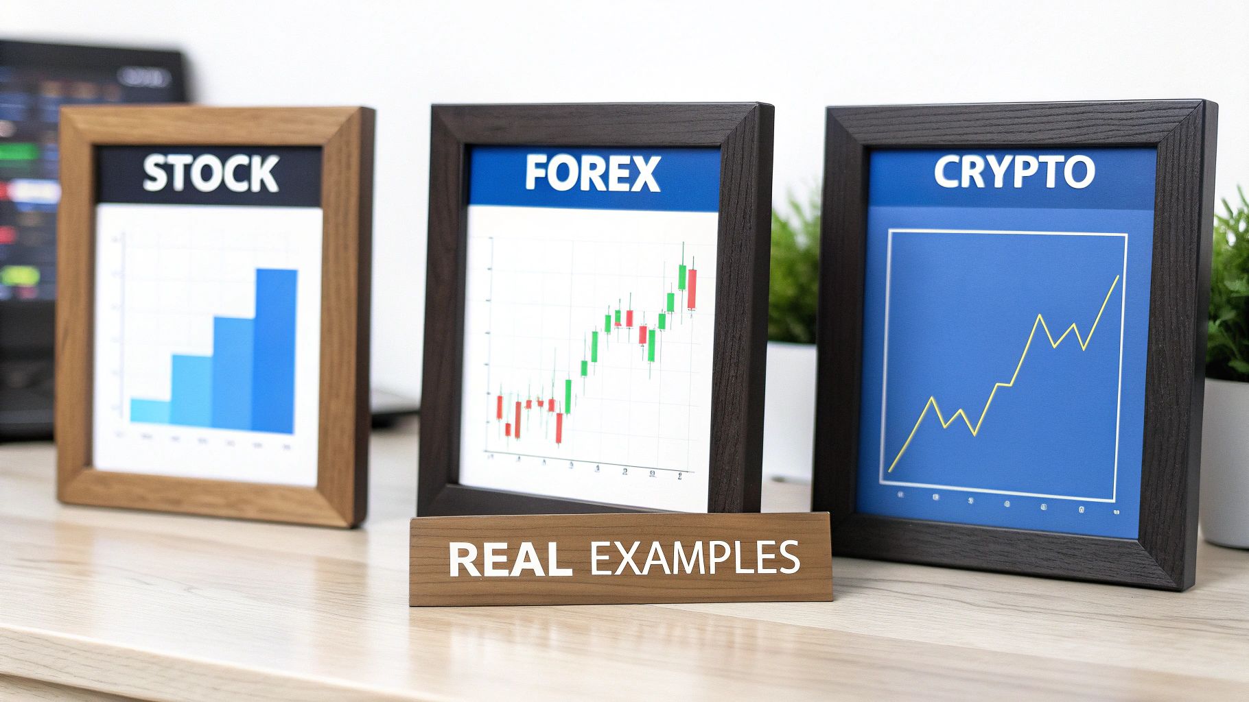 Three framed financial charts on a desk, illustrating stock, forex, and crypto markets with a 'REAL EXAMPLES' sign.