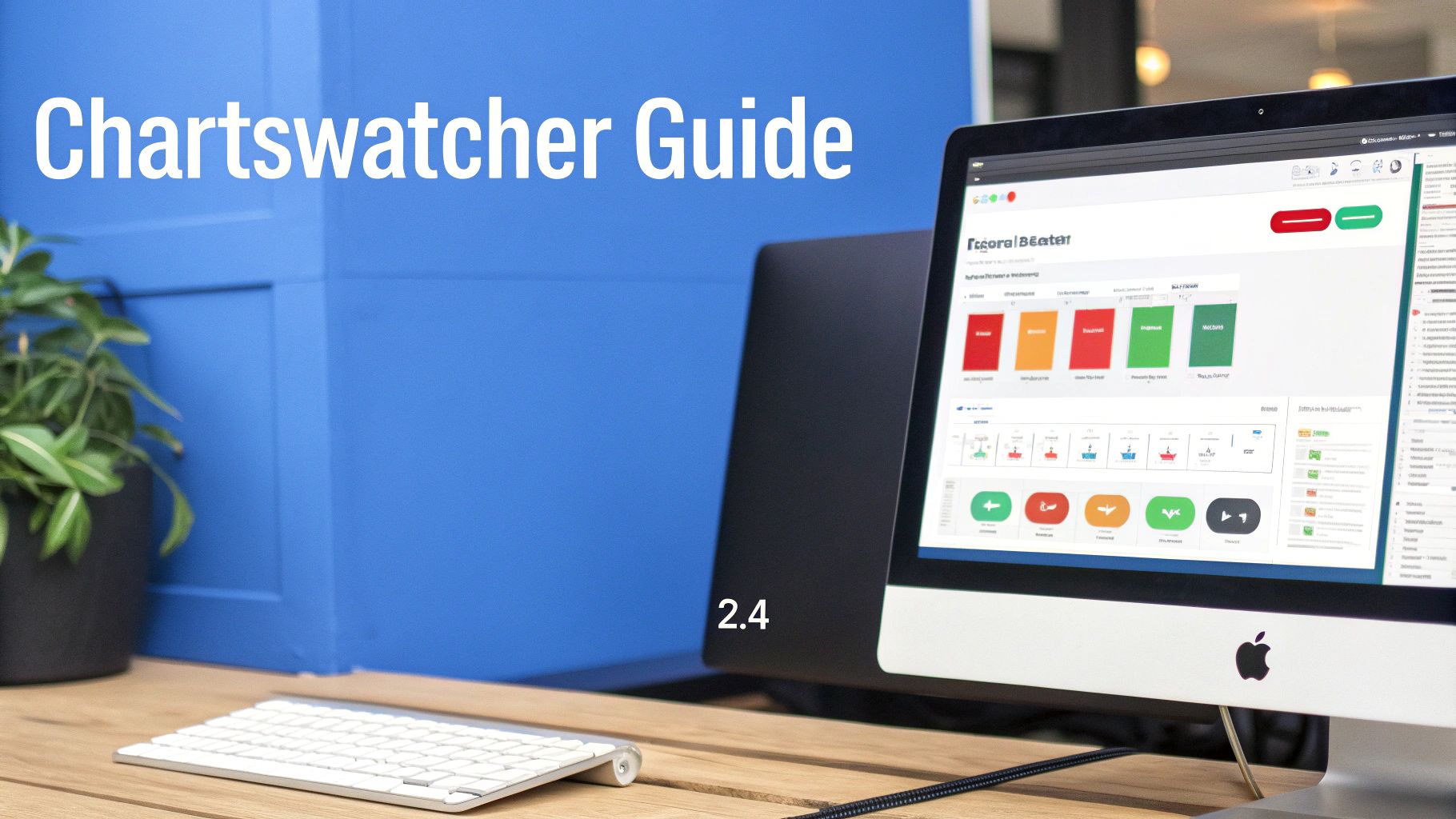 A modern office desk with an iMac displaying the 'Chartswatcher Guide' software dashboard and a white keyboard.