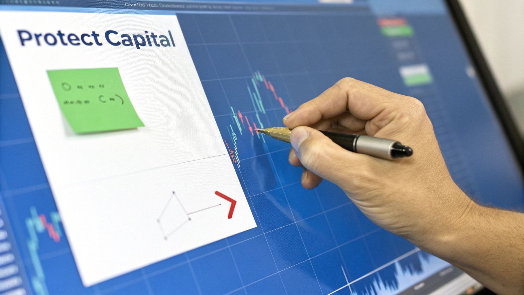 Trader analyzing stock market charts and capital protection strategies on computer screen