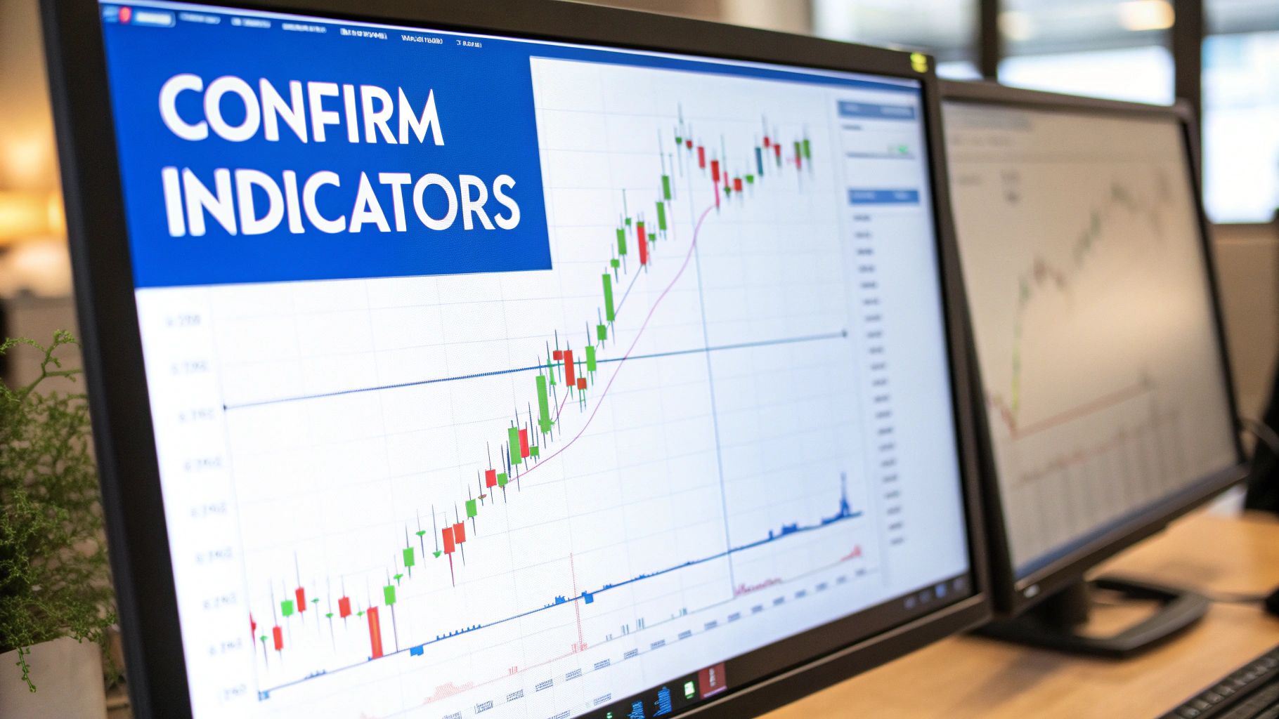 Trading monitor displaying confirm indicators text with candlestick chart and technical analysis tools