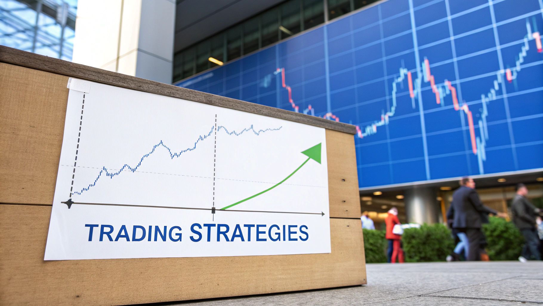 A chart titled 'TRADING STRATEGIES' showing an upward trend, with a large stock market display in the background.