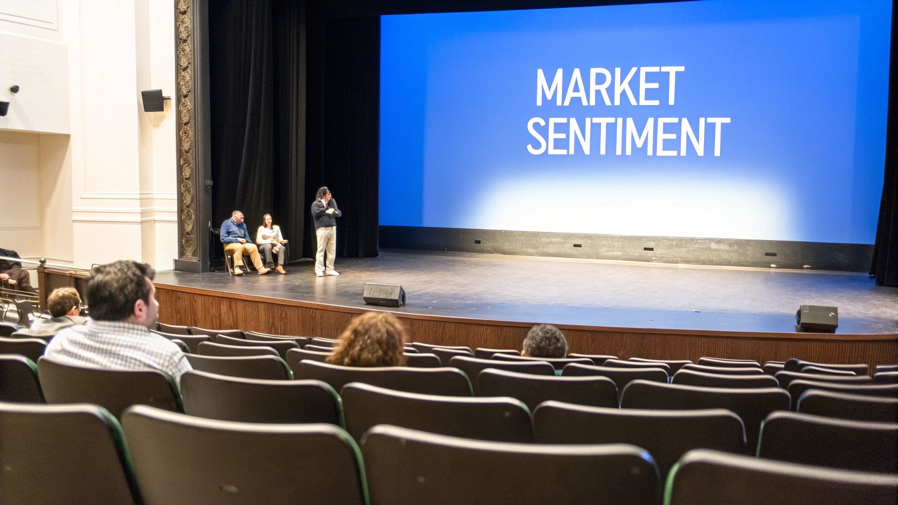 Three speakers present on a stage with 'MARKET SENTIMENT' displayed on a large blue screen to an audience.