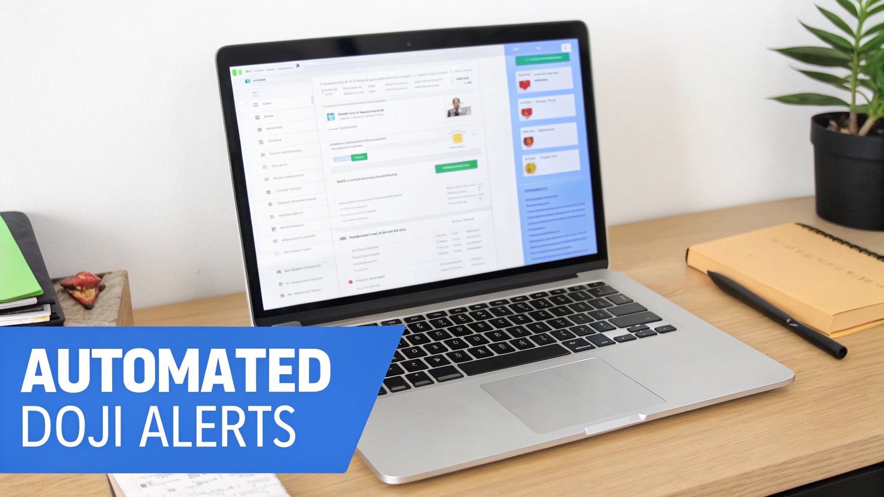 A laptop on a wooden desk displays a financial dashboard with automated Doji alerts.