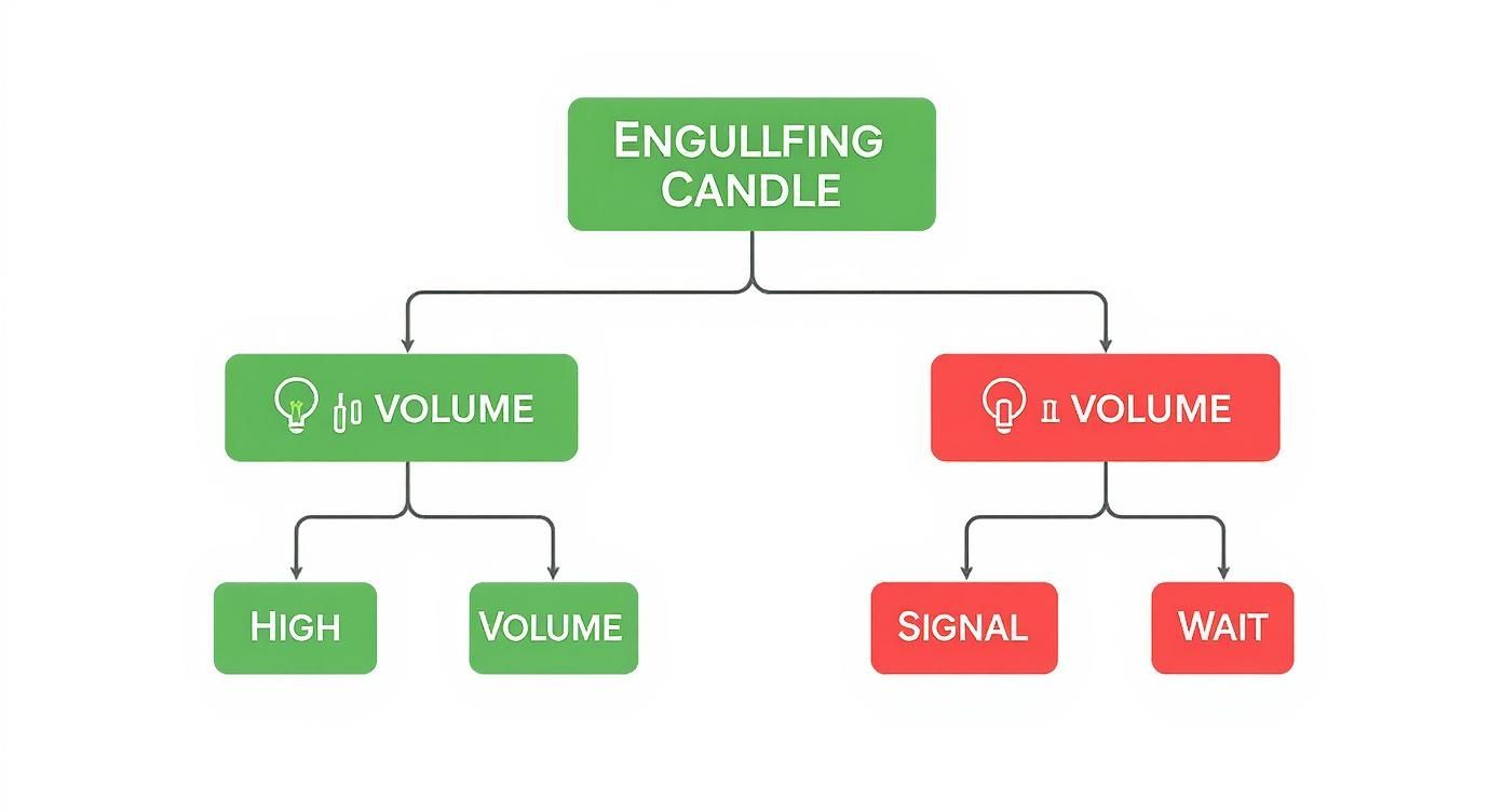 A flowchart illustrating decisions for an engulfing candle pattern based on volume analysis.