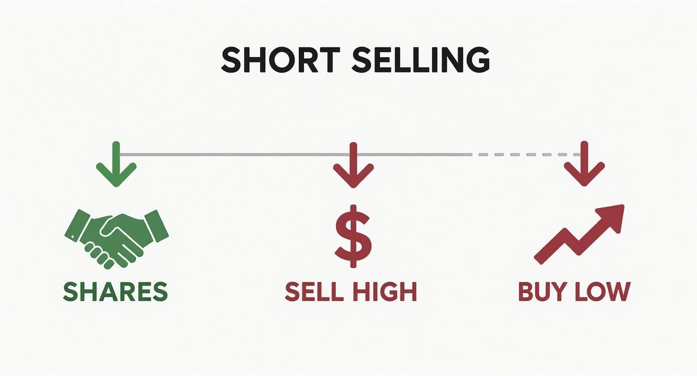 Illustration explaining short selling: borrow shares, sell high, then buy low for profit.