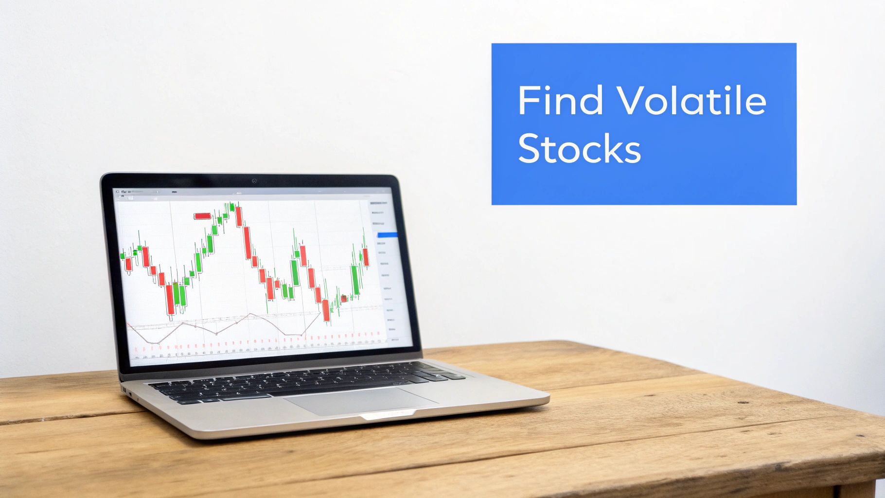 Laptop displaying candlestick stock charts and trading data for finding volatile stocks analysis