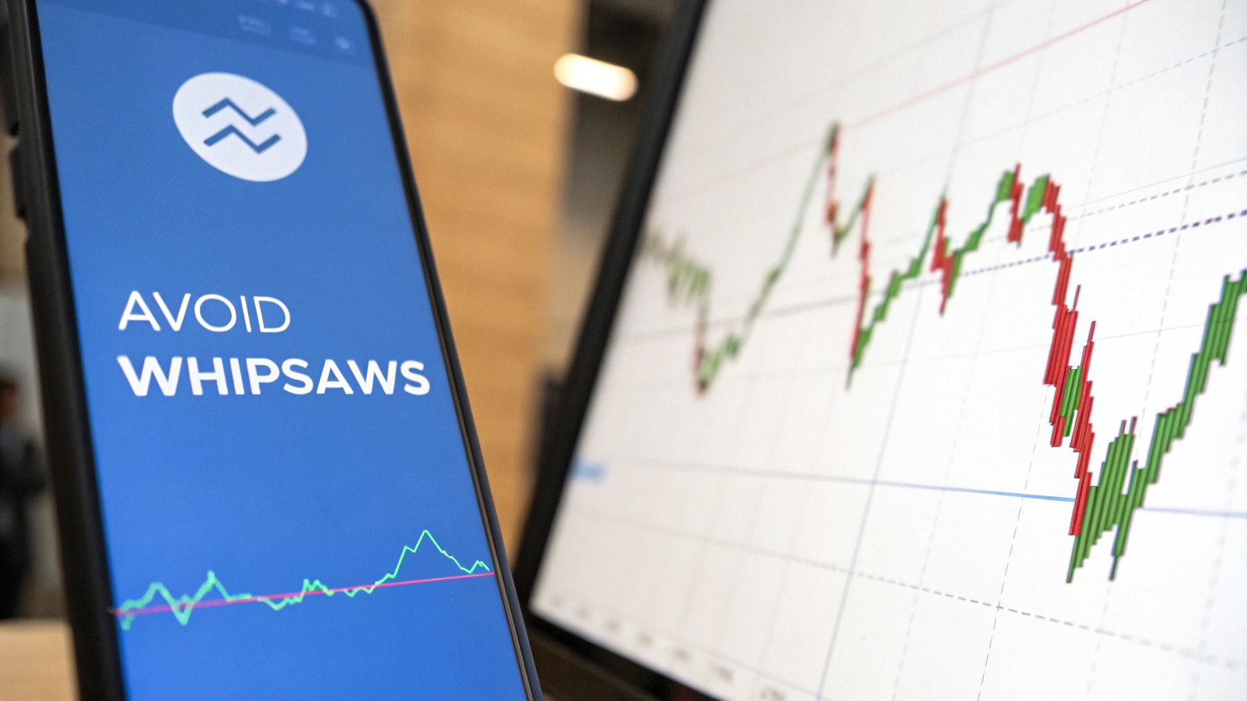 Smartphone showing 'AVOID WHIPSAWS' message next to a computer displaying a financial stock market chart.