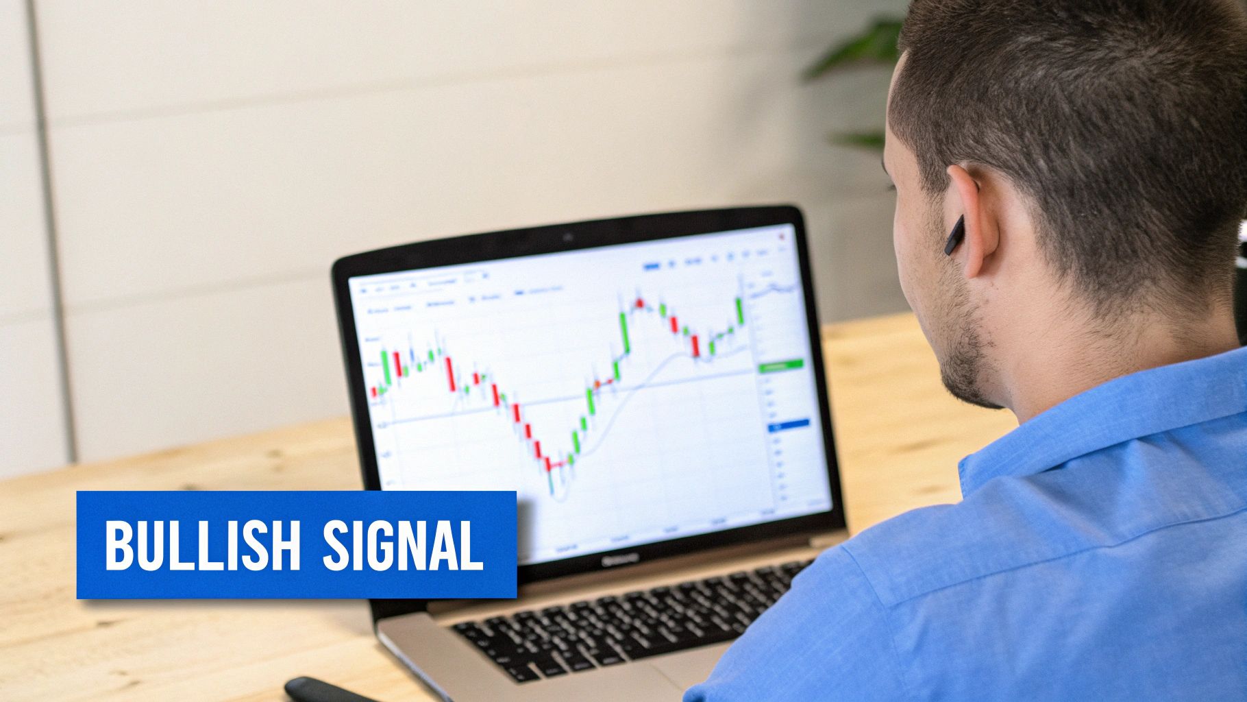 A man views a laptop screen displaying a stock market chart with a "BULLISH SIGNAL" banner.