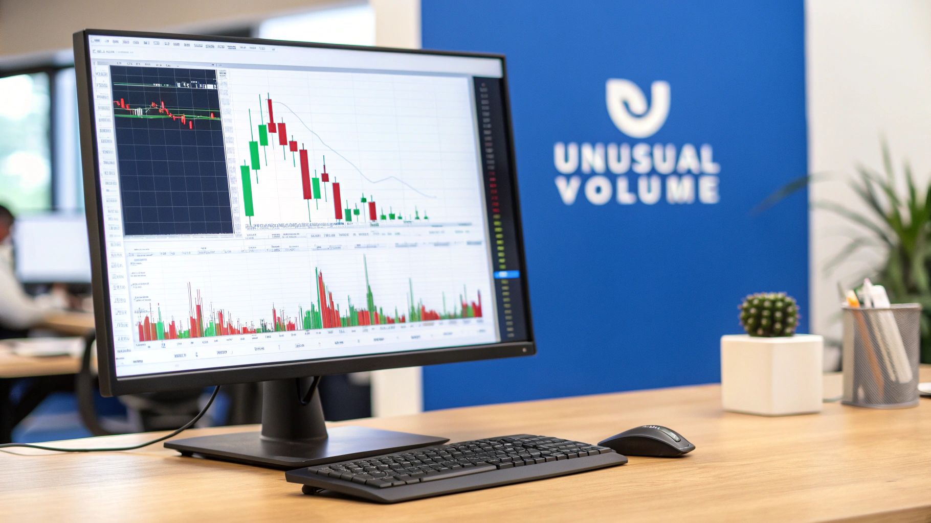 A computer monitor displays stock market charts with candlestick patterns and volume data, in an office.