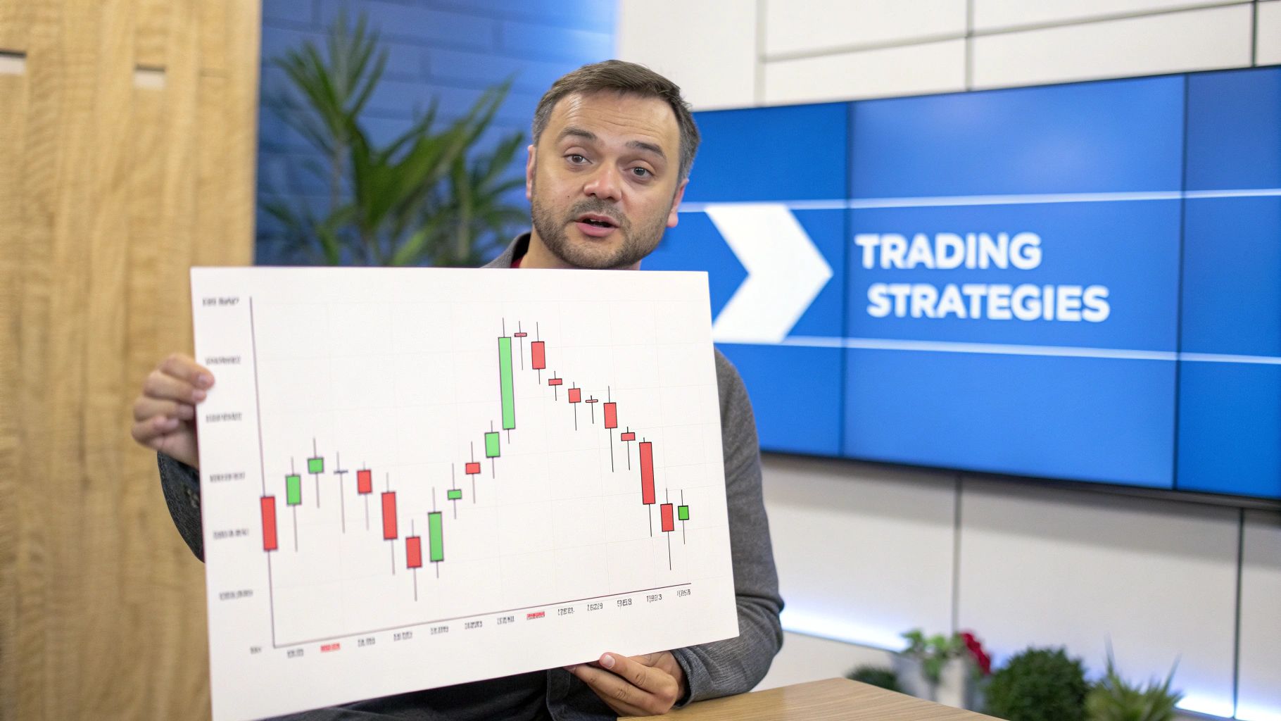 A man presents a candlestick chart showing trading data, with 'TRADING STRATEGIES' on a screen.