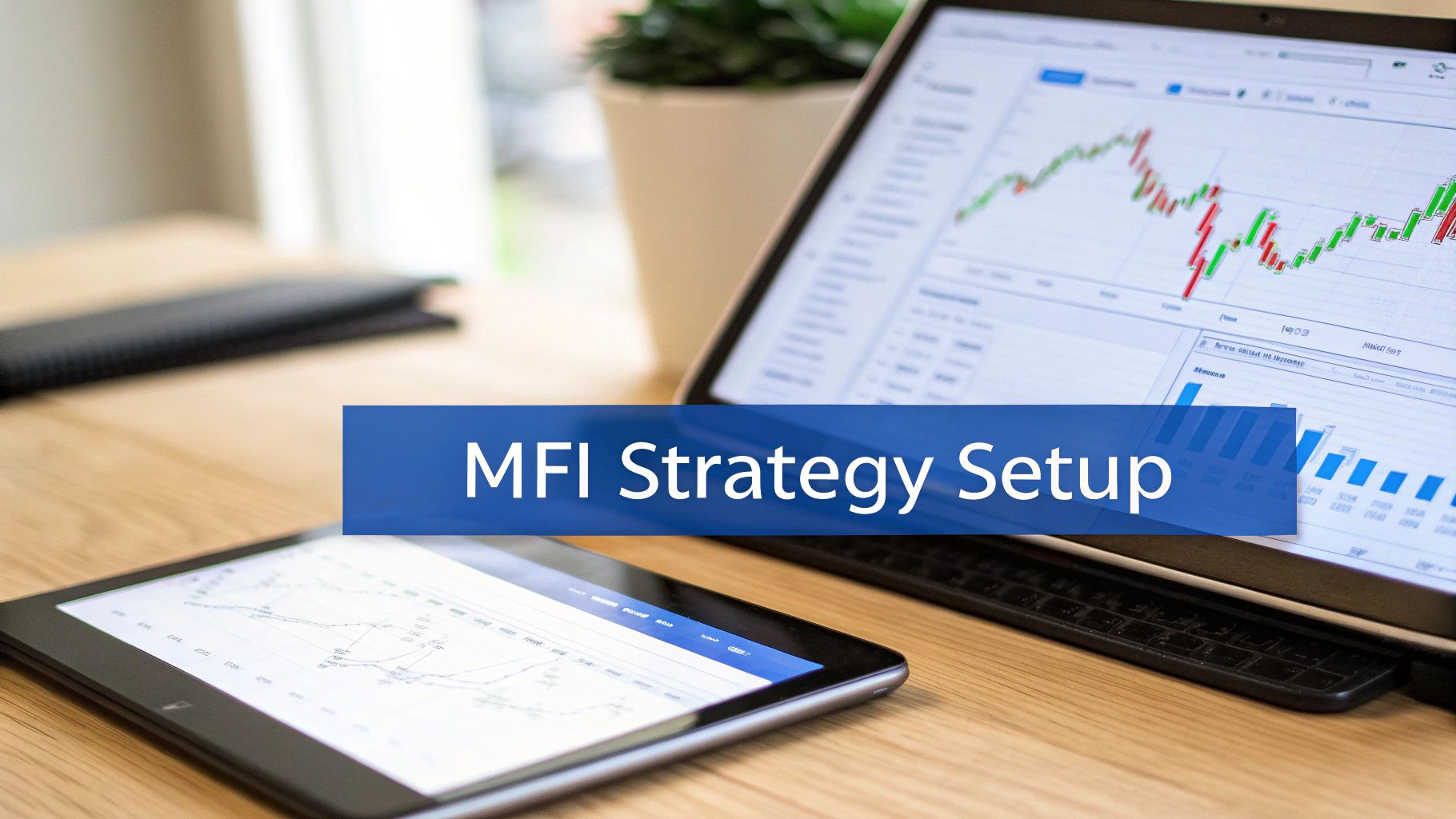 A laptop and tablet display financial charts on a desk, with text 'MFI Strategy Setup' overlay.