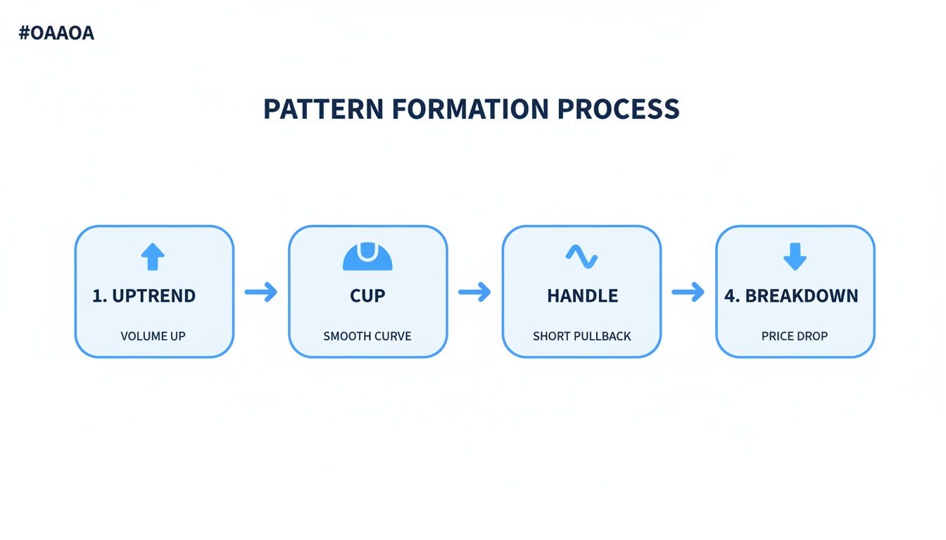 Diagram illustrating the bearish reverse cup and handle chart pattern formation process.