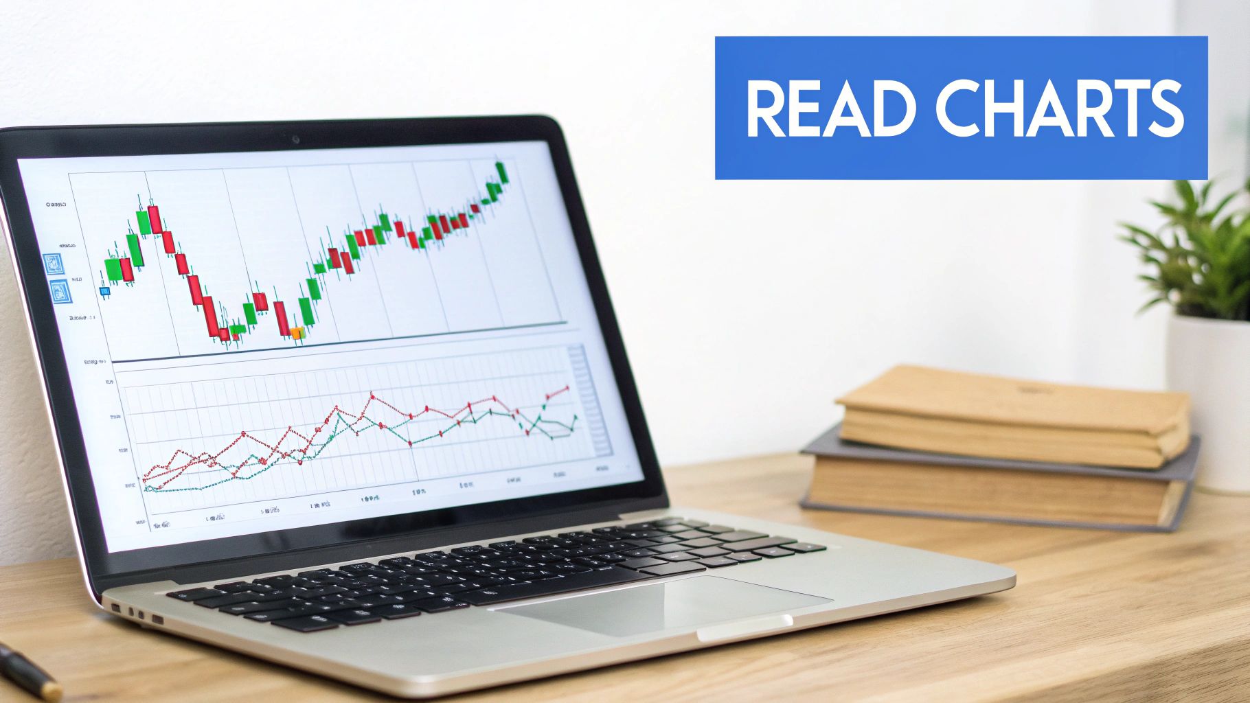 Screenshot of a stock chart's basic components like price axis, time axis, and volume bars.
