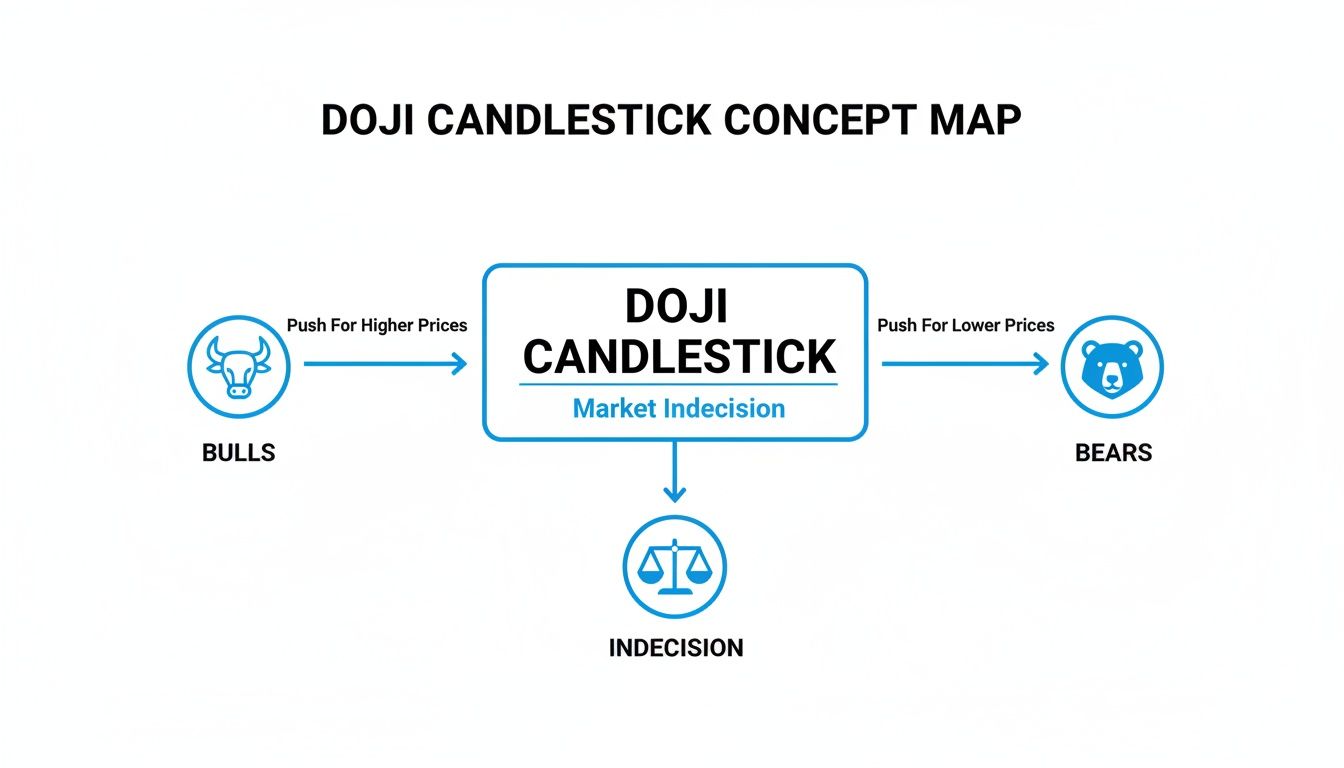 Doji candlestick concept map shows market indecision from bulls pushing higher and bears pushing lower prices.