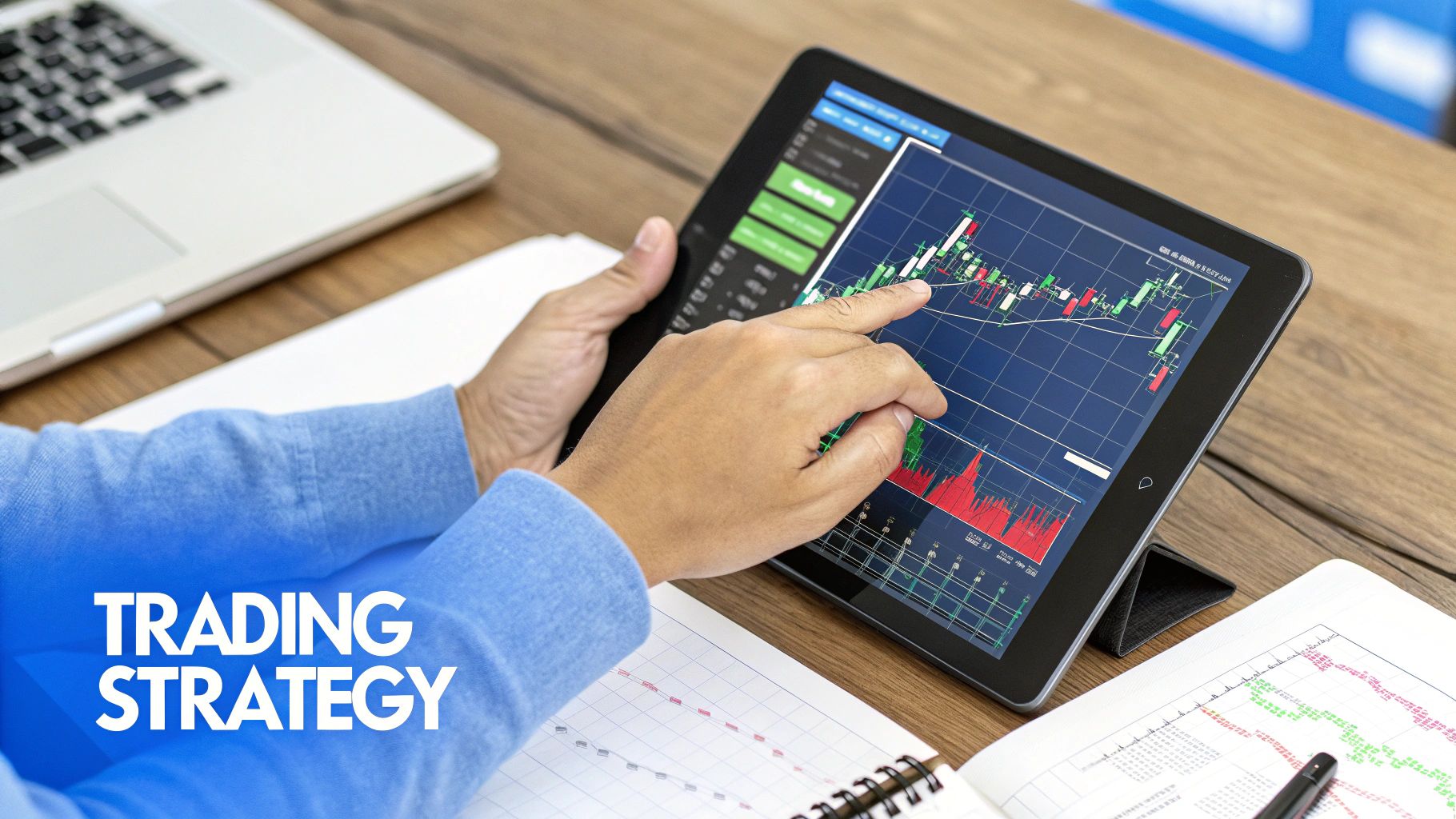 A trader's desk setup with multiple monitors showing stock charts and indicators, symbolizing strategy development.