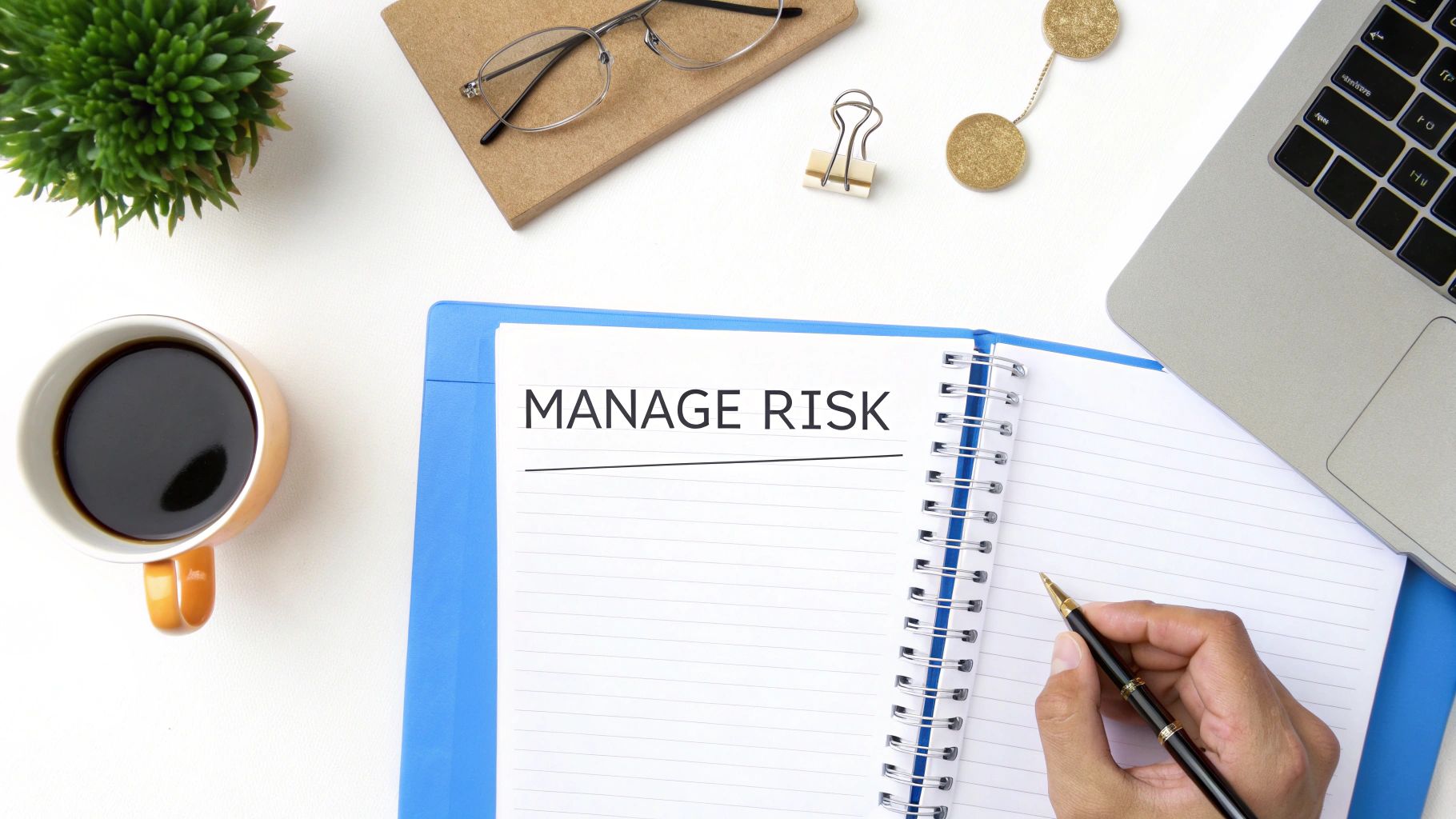 Overhead view of a person writing 'MANAGE RISK' in a notebook, surrounded by coffee, glasses, and a laptop.