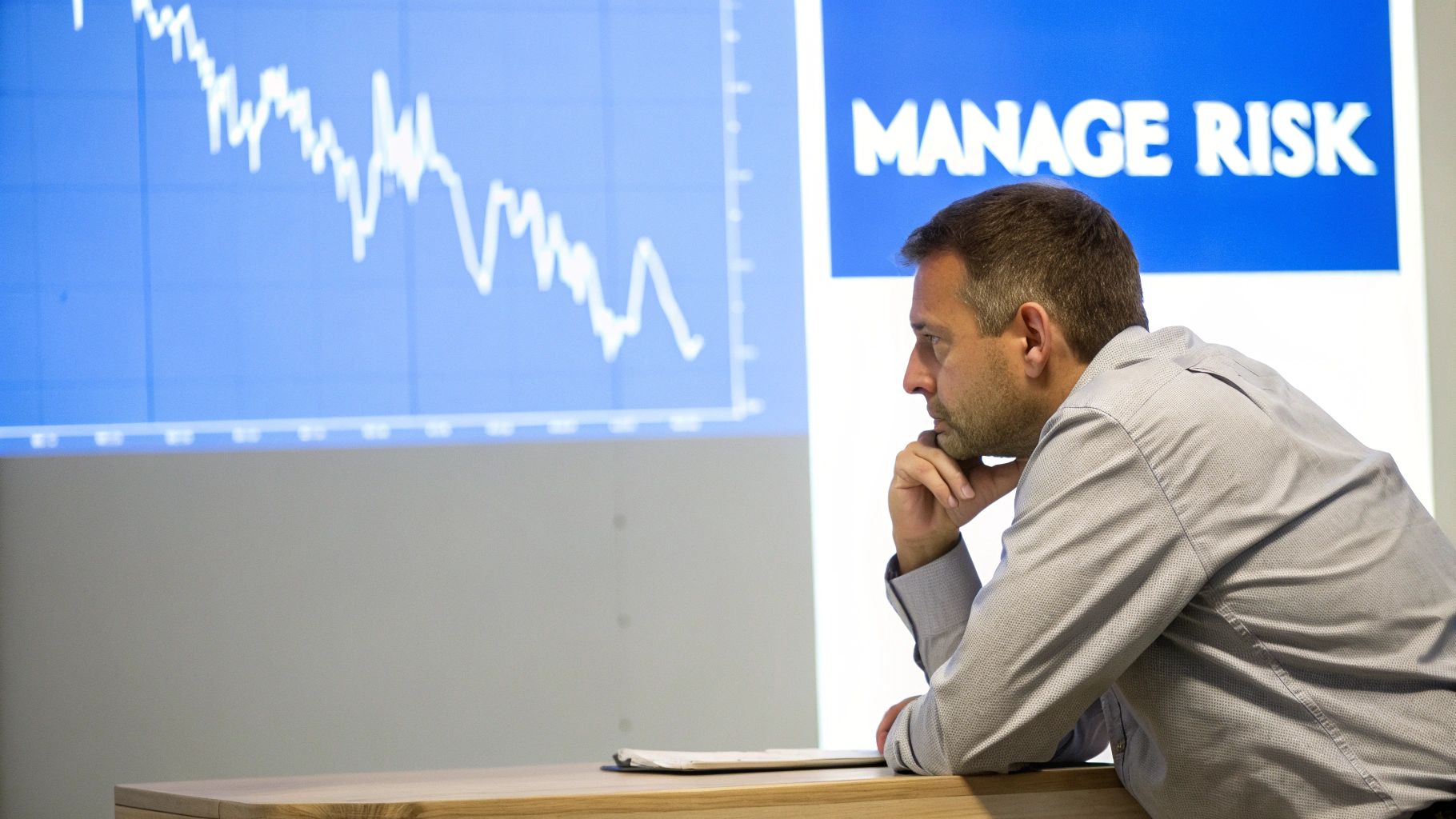 A man intently observes a declining stock market graph with a 'MANAGE RISK' sign.
