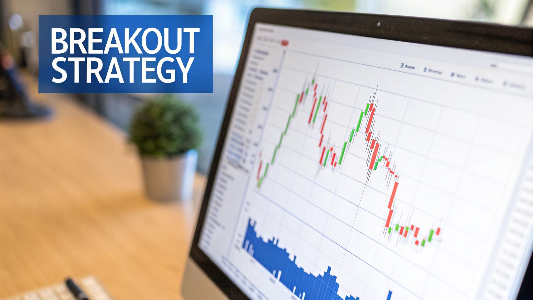 A computer screen shows a stock market candlestick chart and volume data with 'BREAKOUT STRATEGY' text overlay.