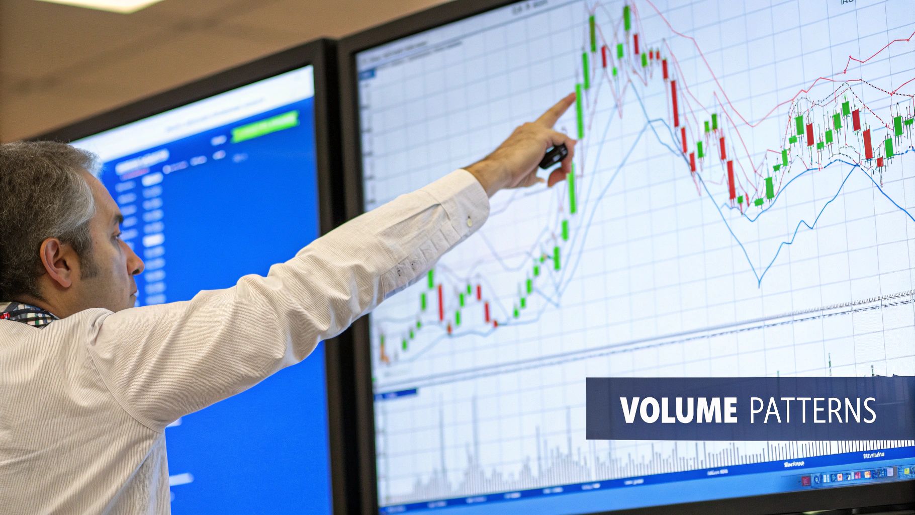 A chart displaying Volume Profile analysis, with horizontal bars indicating high-volume nodes and low-volume nodes, against a candlestick price chart.