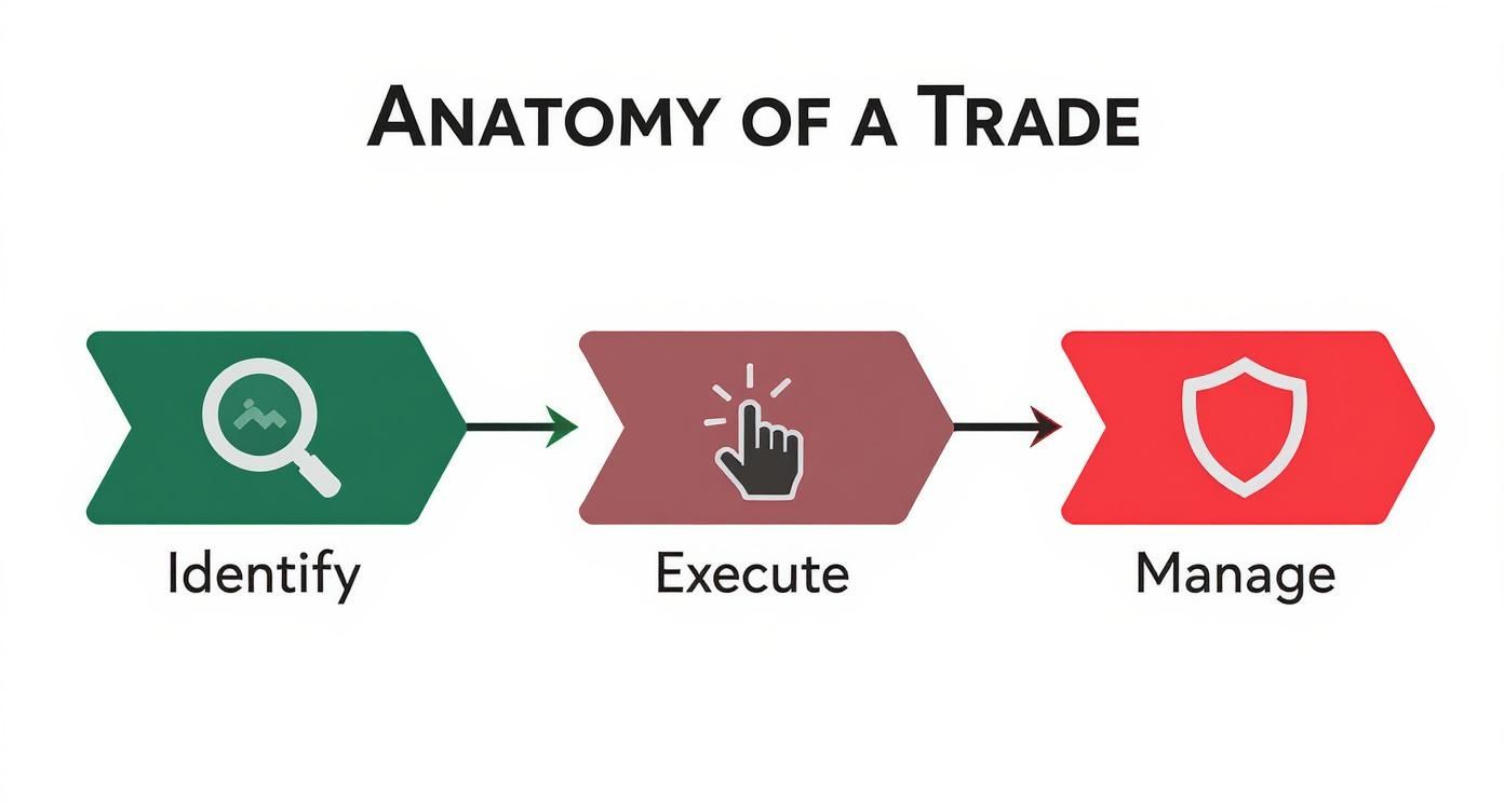 Three-step trading process flowchart showing identify, execute, and manage phases with icons