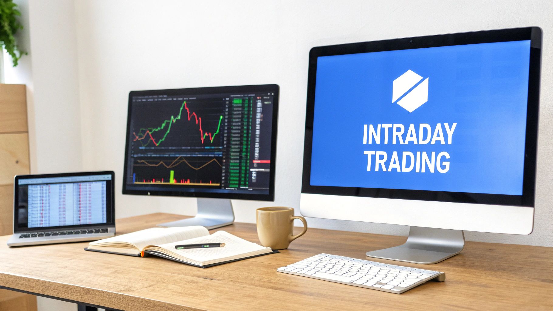 Intraday trading workstation setup with multiple monitors displaying stock charts and trading analytics