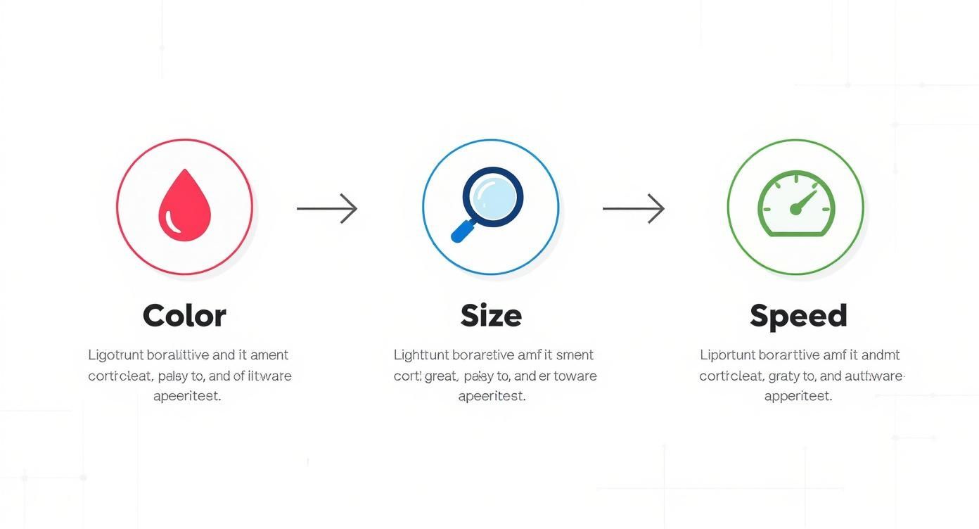 Three-step process diagram showing color, size, and speed icons with arrows connecting them