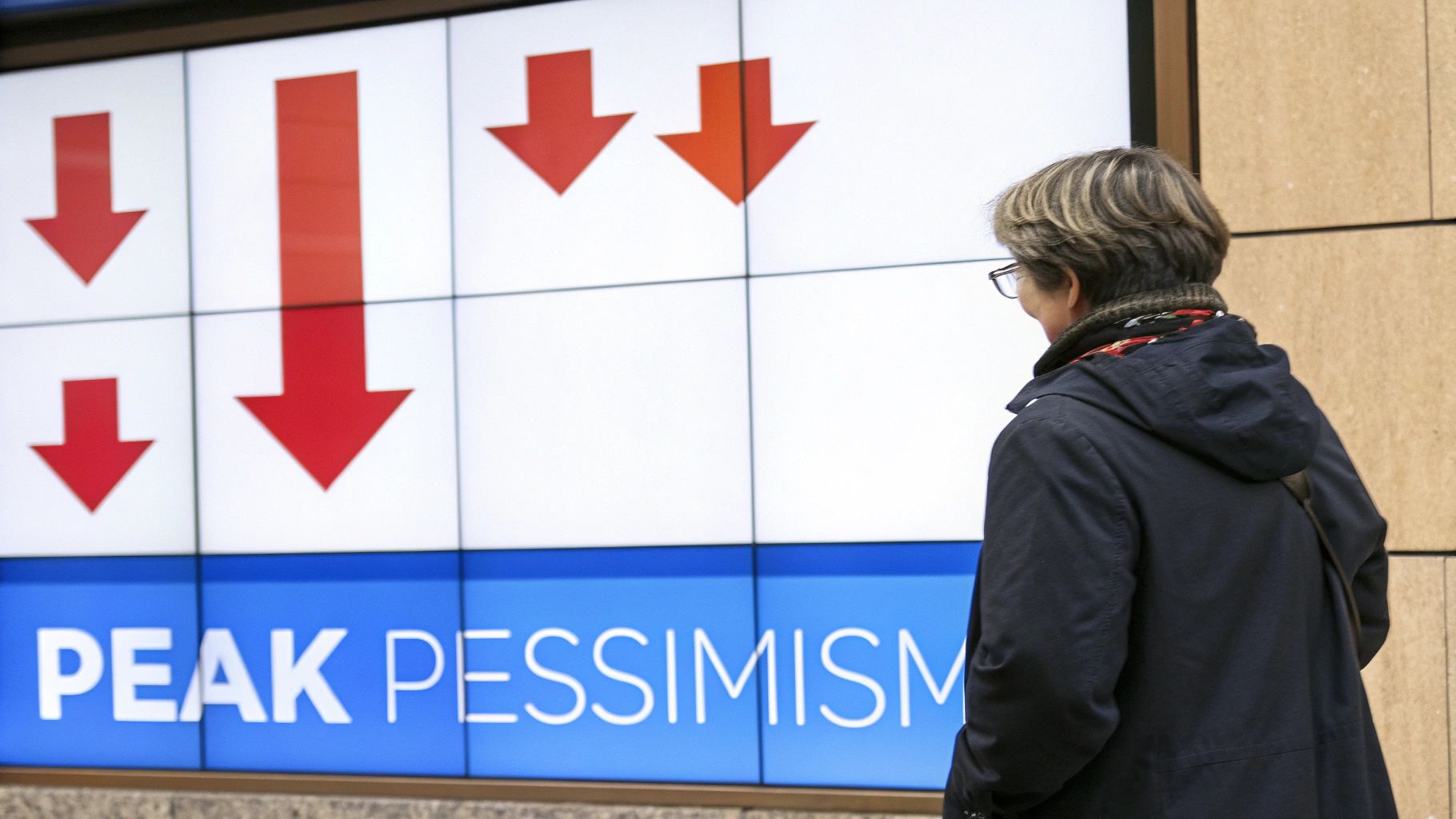 A person views a digital screen displaying downward arrows and 'PEAK PESSIMISM'.