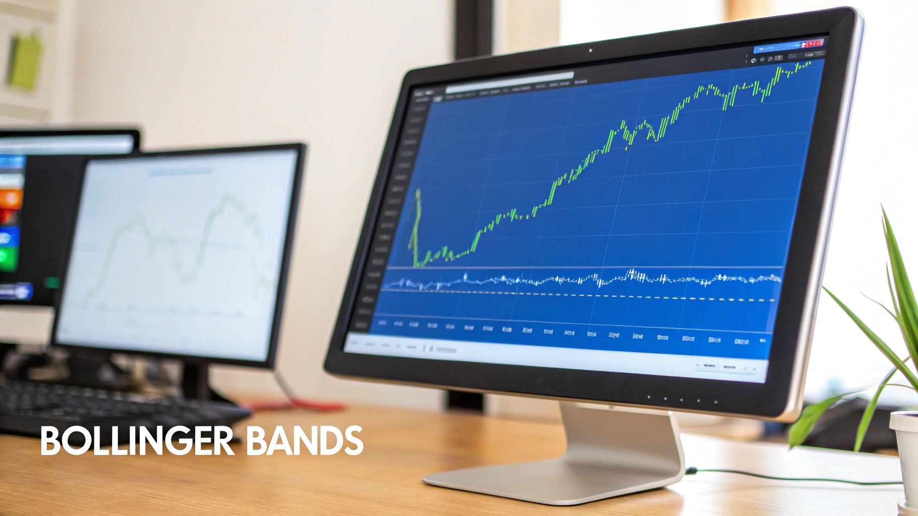 Bollinger Bands technical analysis chart displayed on computer monitor showing stock price volatility and trading indicators