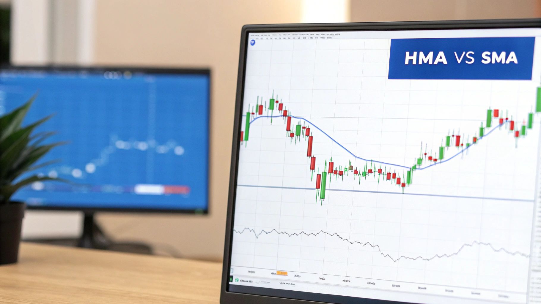 A computer monitor displays a financial candlestick chart comparing Hull Moving Average (HMA) and SMA.