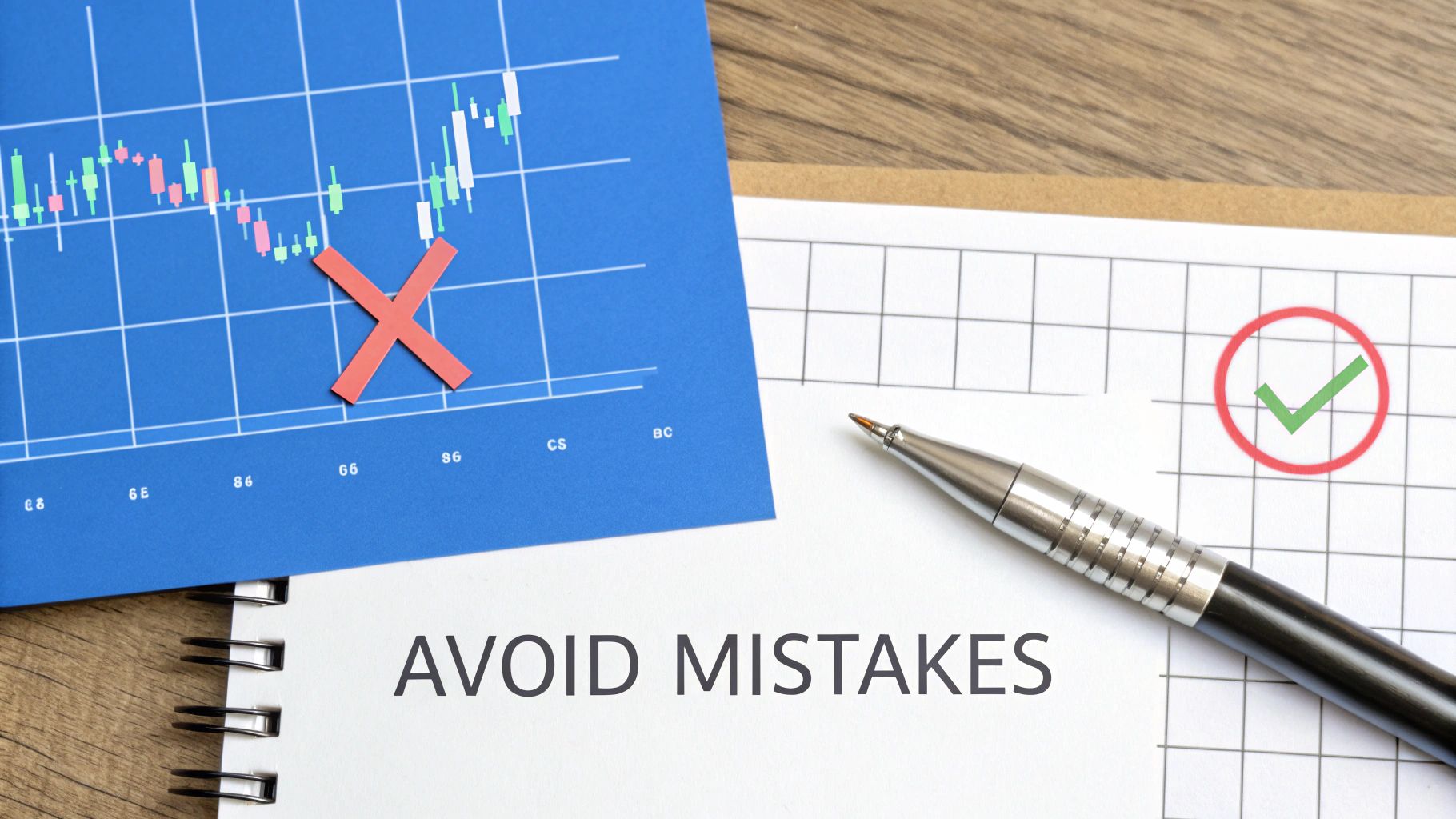 Red warning signs and downward trending chart lines, symbolizing trading mistakes and risks.