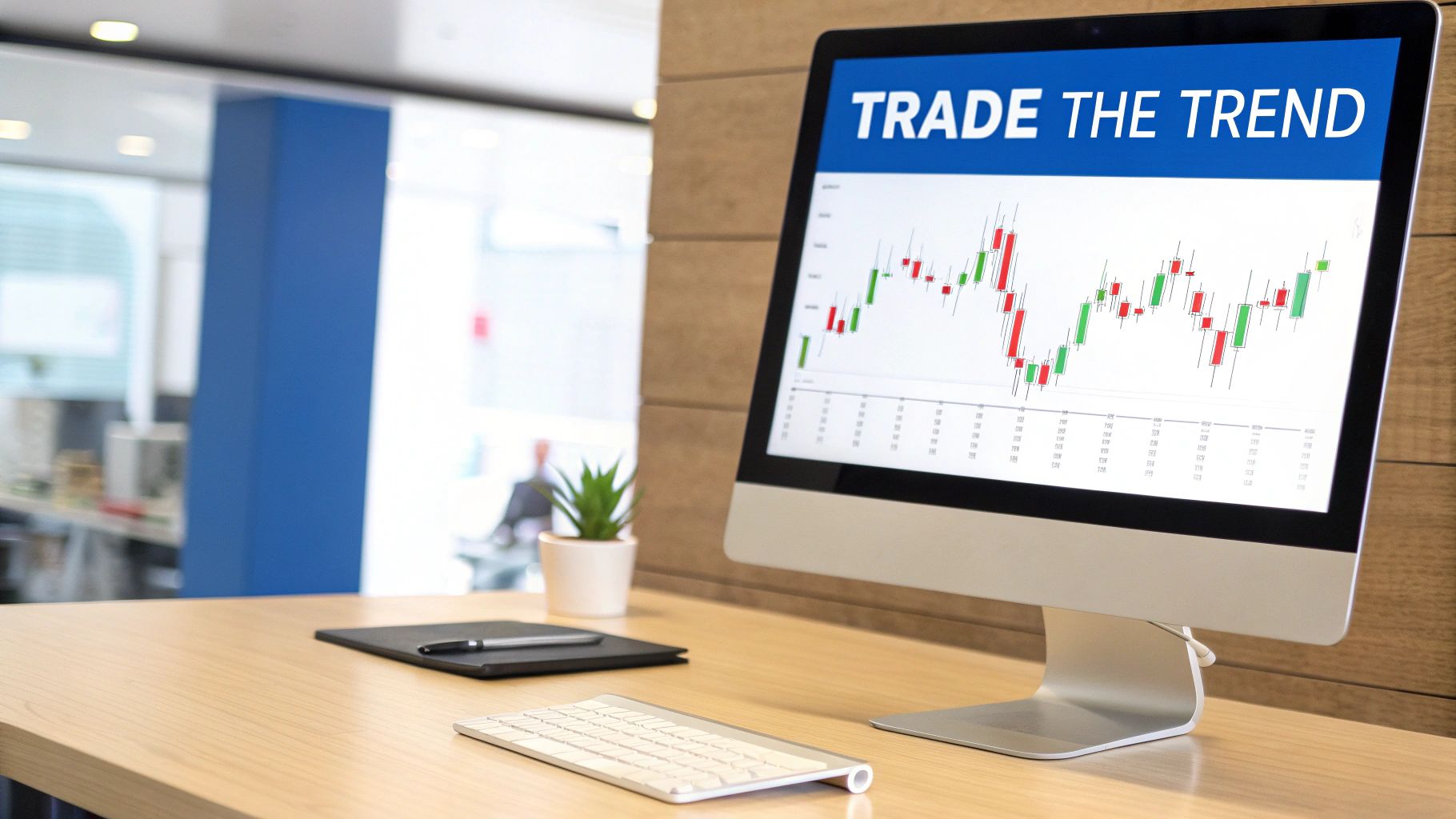 A computer monitor displays a stock chart with 'TRADE THE TREND' text, on a wooden desk with a keyboard.