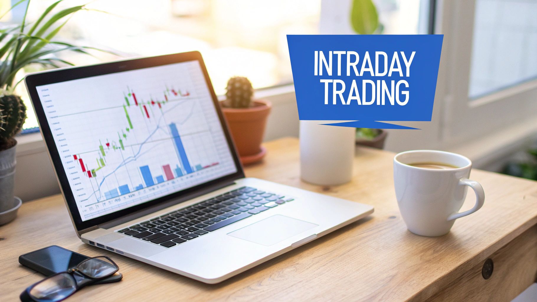 Laptop displaying stock trading charts and graphs on wooden desk with coffee mug and intraday trading text