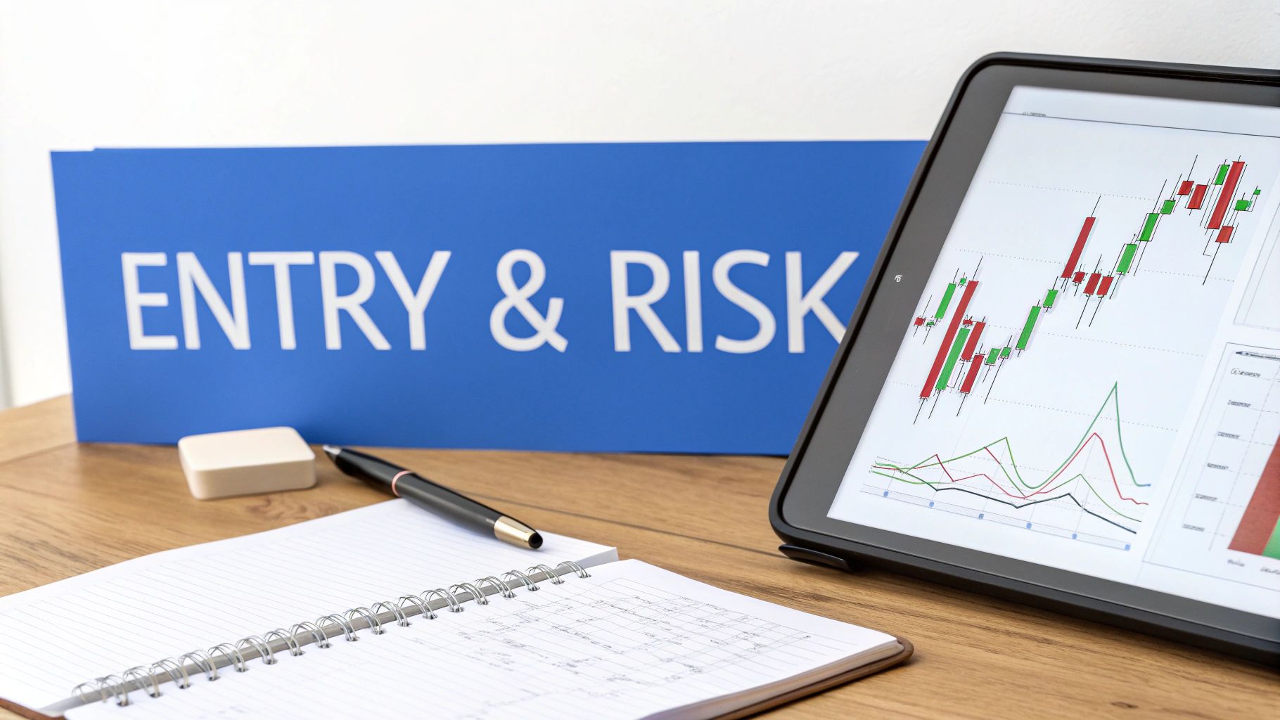 A trading desk setup with a blue 'ENTRY & RISK' sign, a tablet showing financial charts, and a notebook.