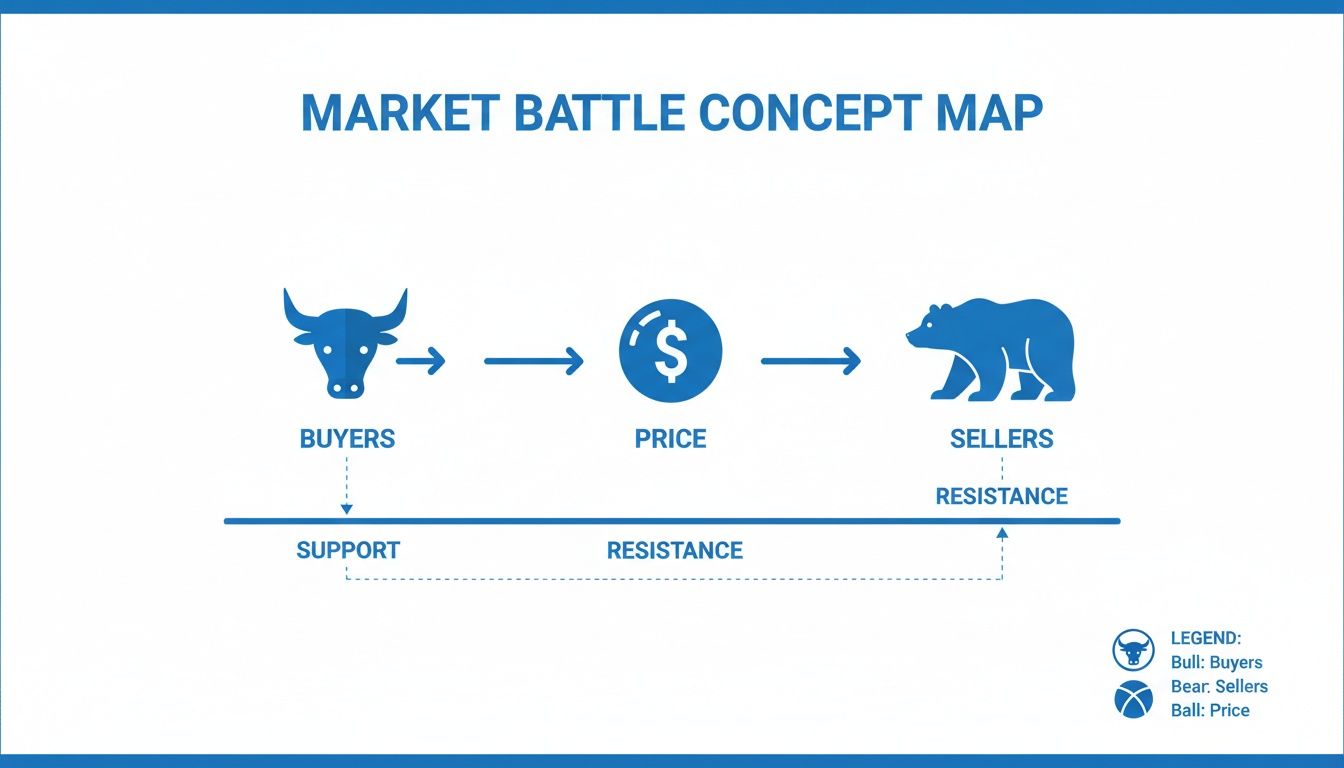 A concept map illustrating market dynamics, showing buyers, price, sellers, support, and resistance levels.