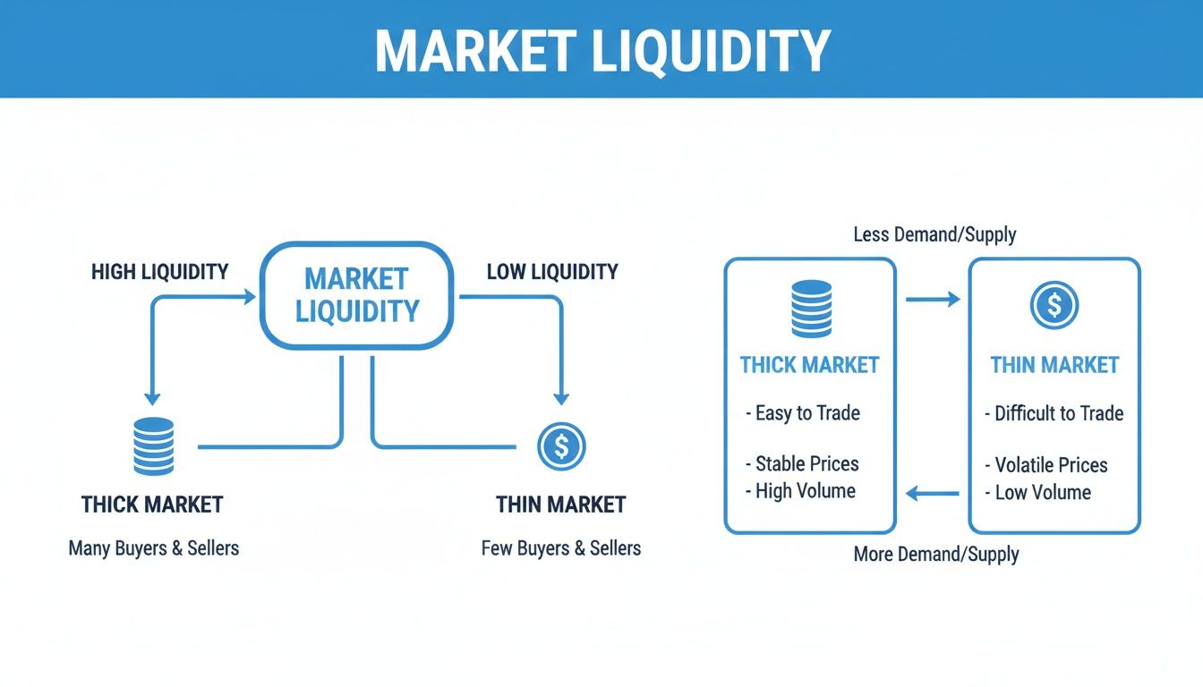 Infographic explaining market liquidity, contrasting thick markets with high liquidity and thin markets with low liquidity.